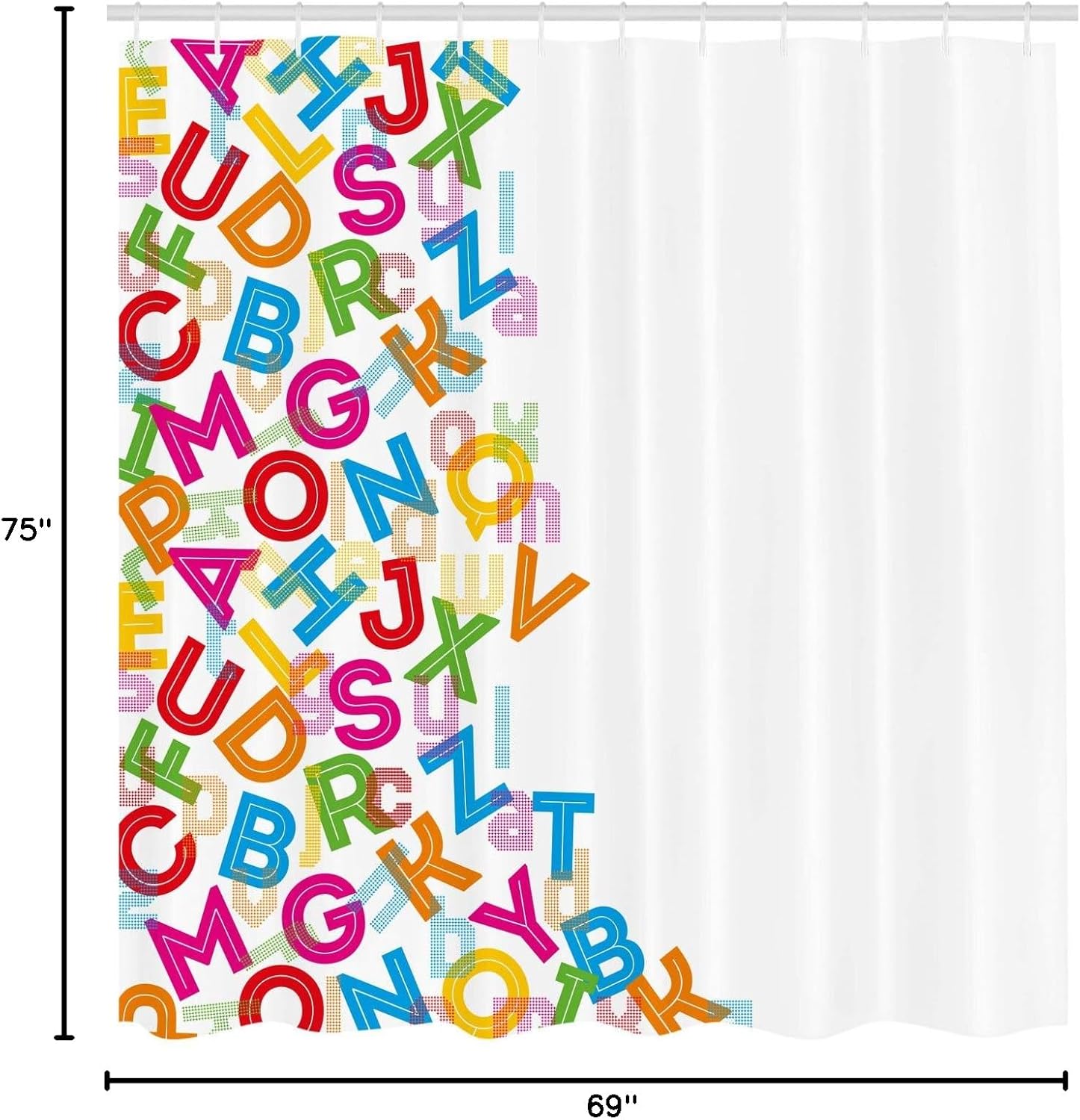 Ambesonne Colorful Shower Curtain, Alphabet Background Design with Letter Words Literature Textured Fun Print, Cloth Fabric Bathroom Decor Set with Hooks, 69" W x 75" L, Multicolor White