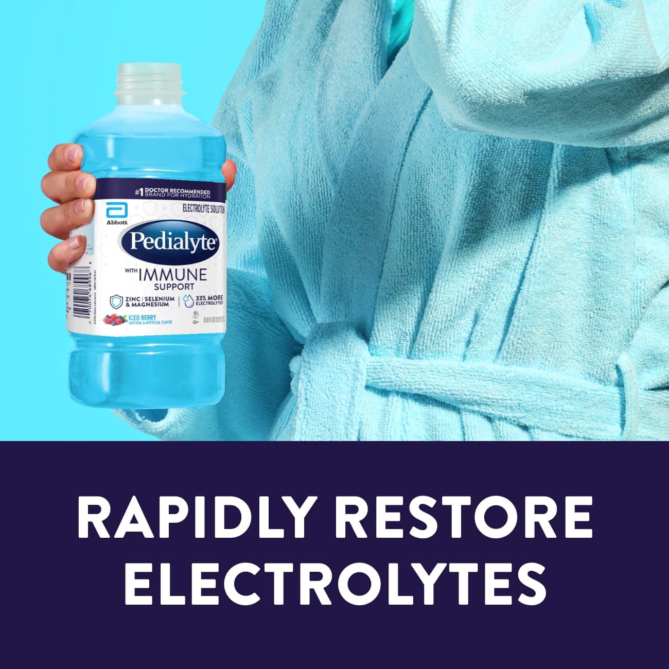 Pedialyte with Immune Support Electrolyte Solution, Hydration Drink with Zinc, Selenium, and Magnesium, Iced Berry, 1 Liter, Pack of 4