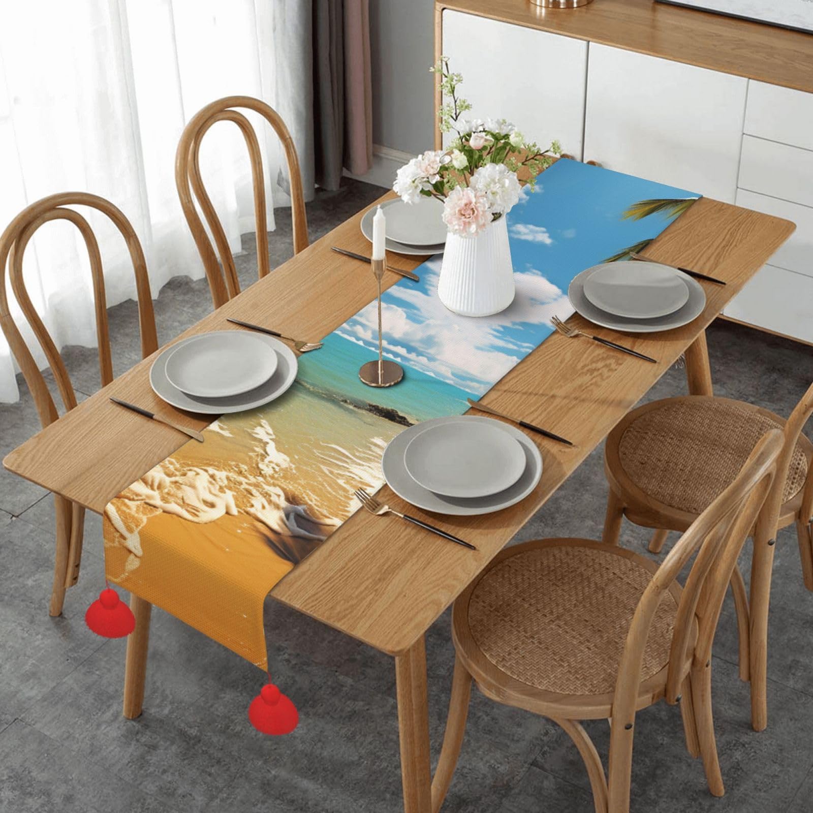 Chemin de table en lin 35x152 cm avec pampilles rustiques et motif palmiers