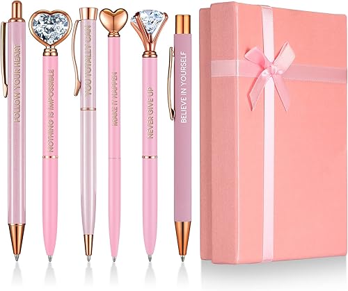 Yeaqee Juego de 6 bolígrafos inspiradores de regalo, bonitos bolígrafos de metal con diamantes de cristal y citas motivacionales con caja de regalo