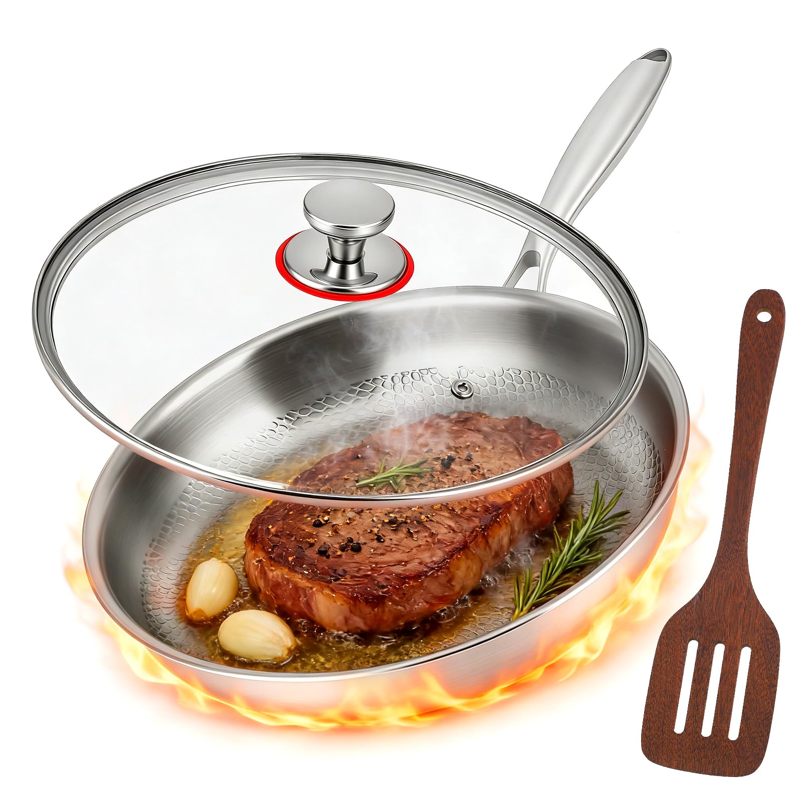 Gvdeirn Titanium Frying Pan, Titanium Non-Stick Pan with Lid, Coating-Free and Chemical-Free, Titanium Cookware Fast and Even Heating, Thickened, Ultra-Durable, Scratch-Resistant for Kitchen Cooking