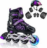 Patins Inline Ajustável 4 Rodas com Kit de Proteção, Capacete e Rodas com Luz LED, para Iniciantes, Uso Interno e Externo