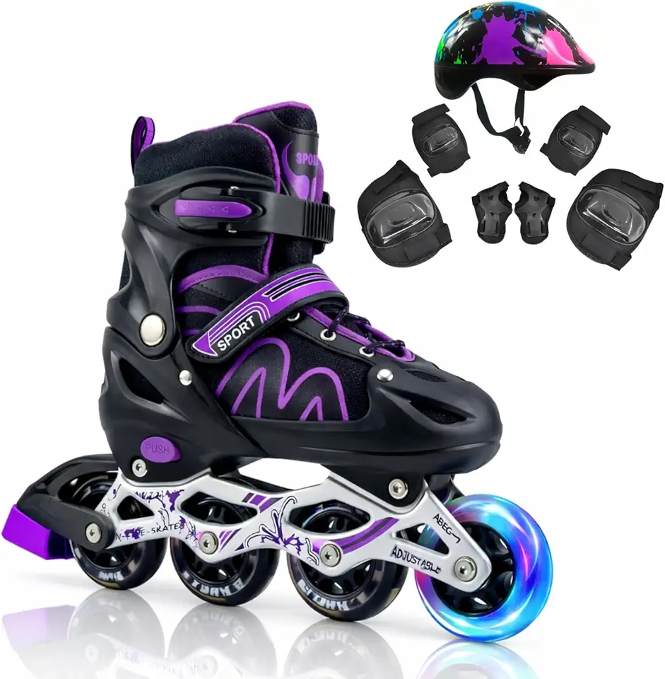 Patins Roller Inline 4 Rodas Skates Ajustavél com Rodas Iluminadas e Kit de Proteção, Capacete e Rodas com Luz LED, para Iniciantes