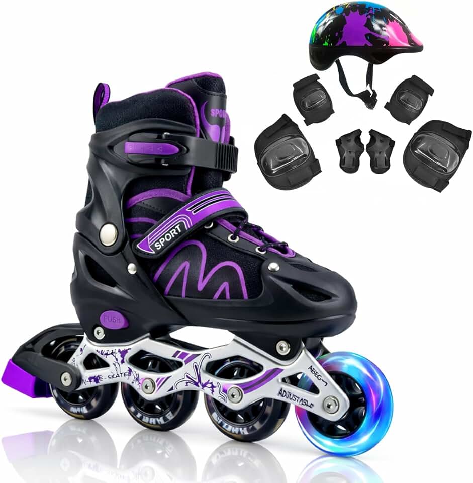Patins Roller Inline 4 Rodas Skates Ajustavél com Rodas Iluminadas e Kit de Proteção, Capacete e Rodas com Luz LED, para Iniciantes