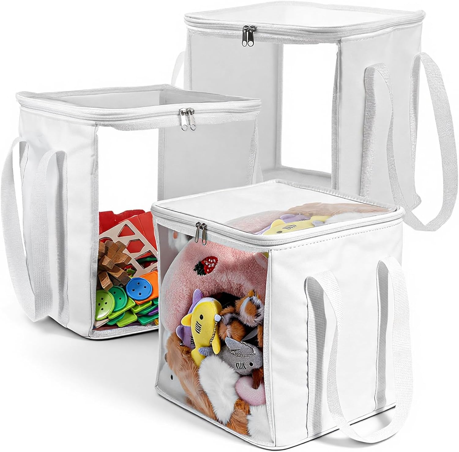 3 Pack Large Storage Bins, Foldable PVC Organizer Box with Transparent Lid & Handles, Multi-Purpose Toy Clothes Books Home Decor Storage (White, 12 Inch)