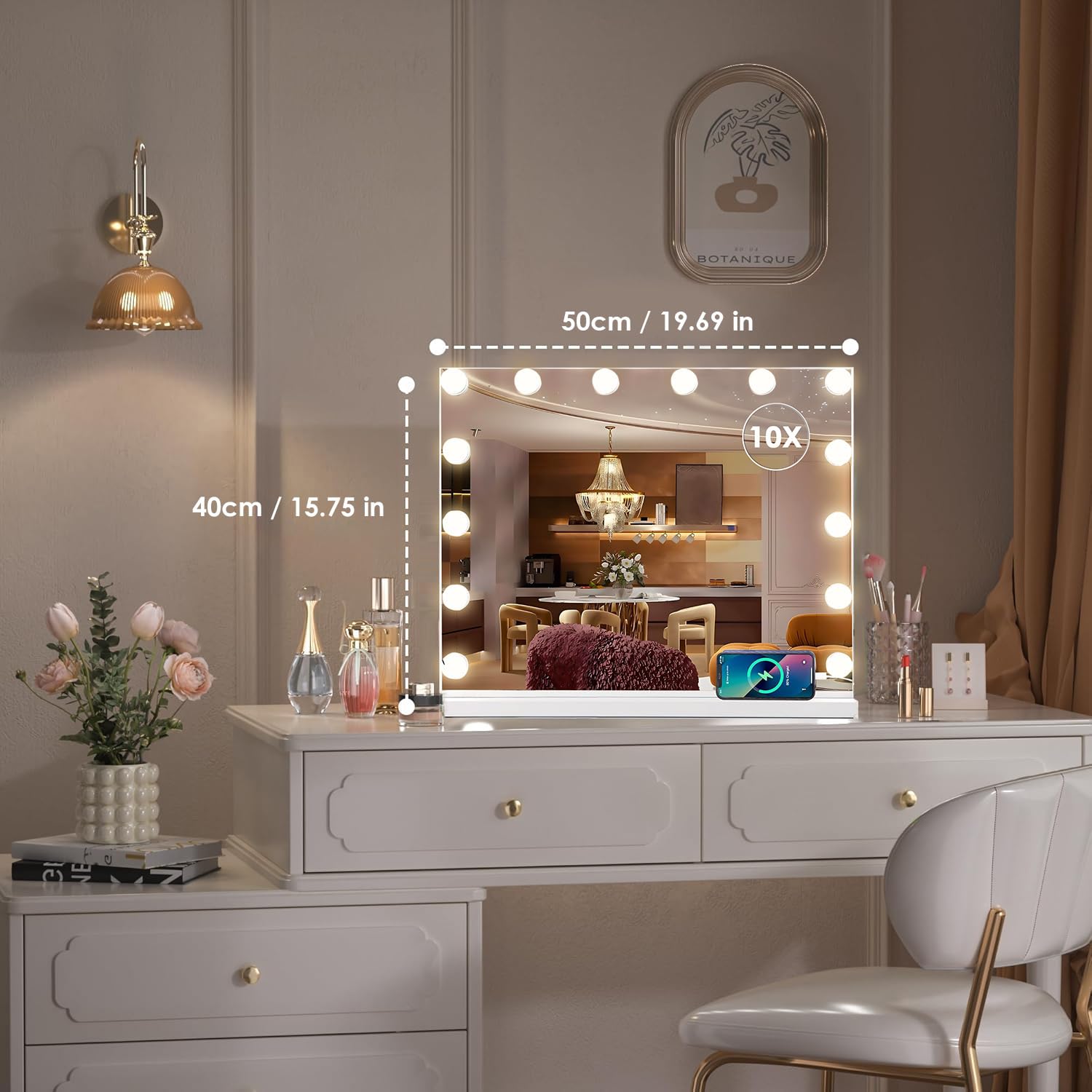 Genérico Hollywood Espejo Maquillaje con Luz 50x40cm, Espejo Pared con USB Puerto de Carga, 14 Bombillas LED y 3 Modos de Iluminación Ajustables, Aumento 10X Espejo Grande