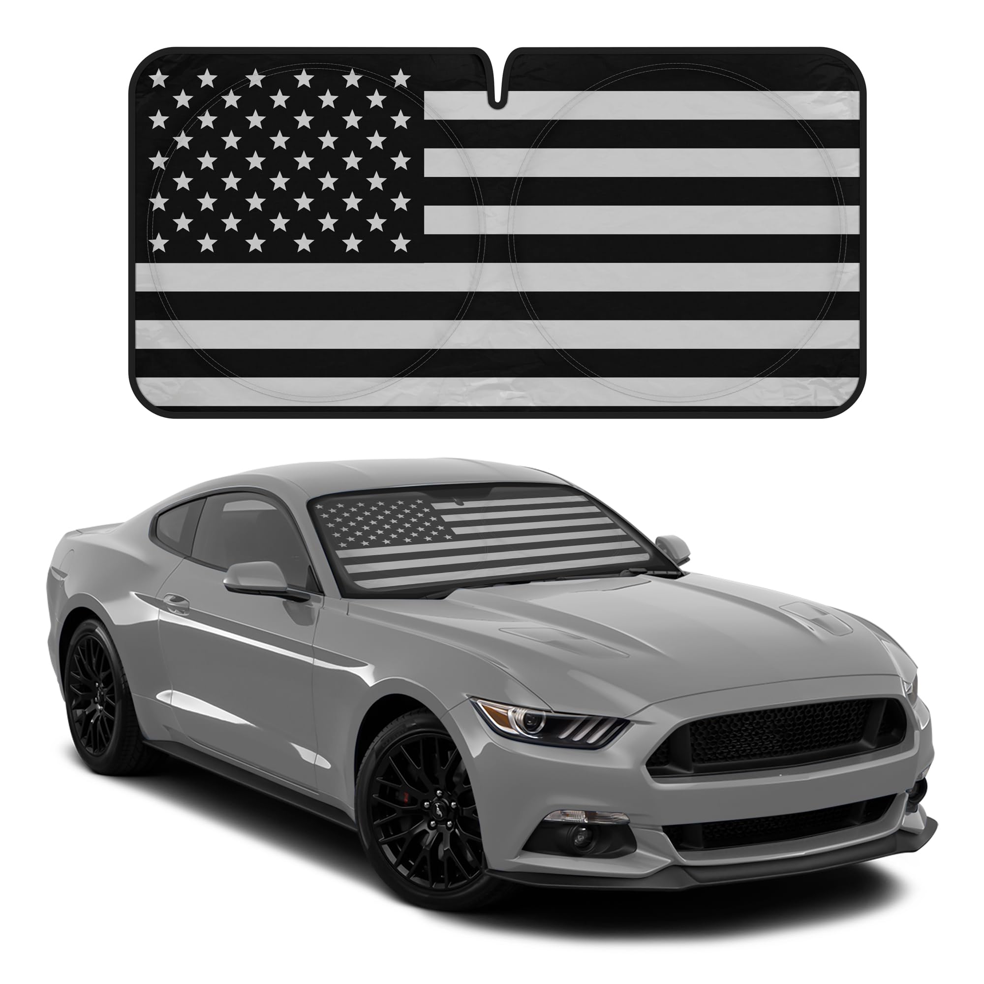 Motor Trend USA Black American Flag Car Windshield Sun Shade for Front Window, Foldable Car Sun Shade with Patriotic Graphic, Collapsible Sun Visor Sunshade for Cars Windshield (Medium 65" x 33")