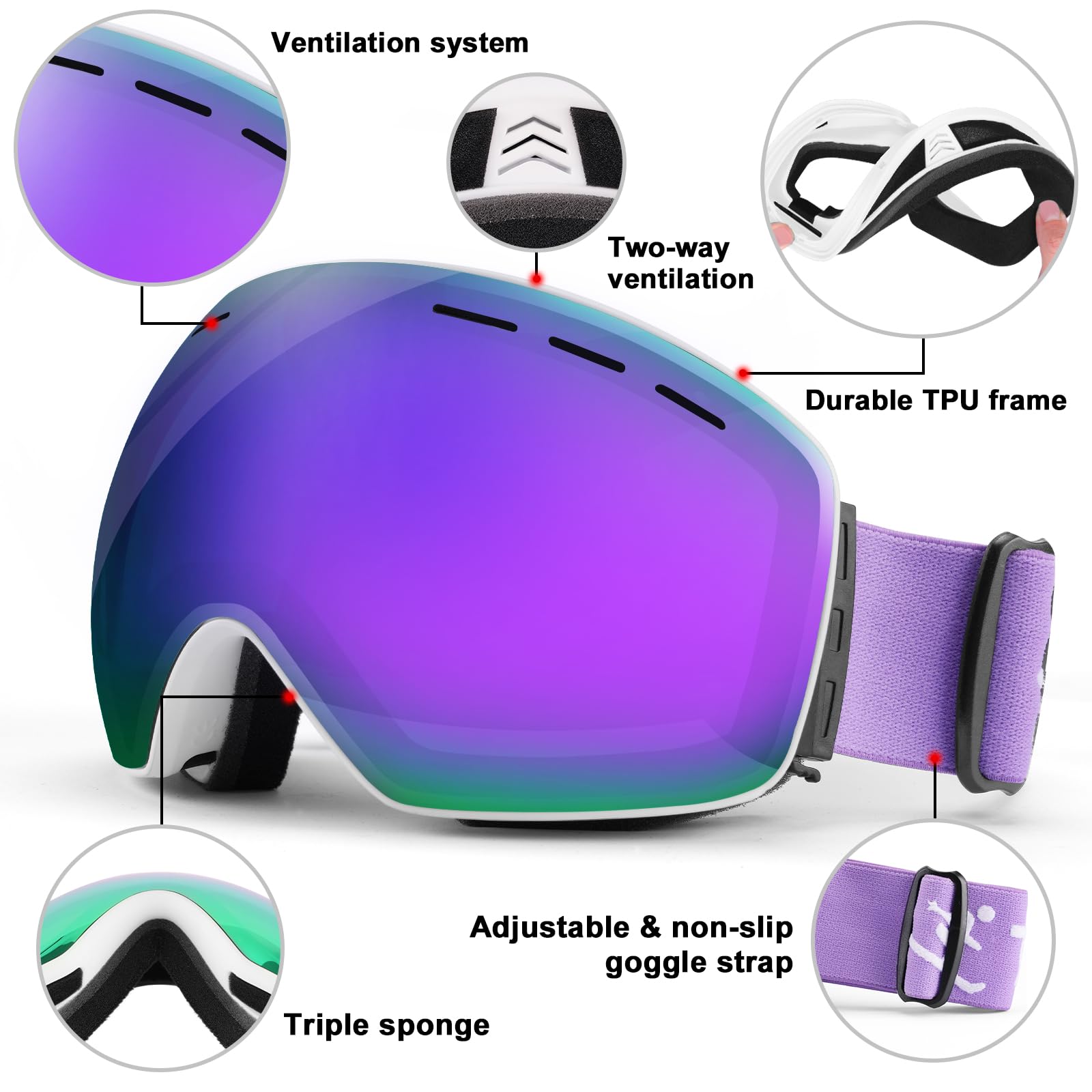 Trusiel Maschera Sci, Occhiali da Sci OTG, Anti Nebbia Anti-UV Maschera da Sci Donna Uomo, Occhiali da Sci Casco Compatibile per Sci Snowboard Sport Invernali