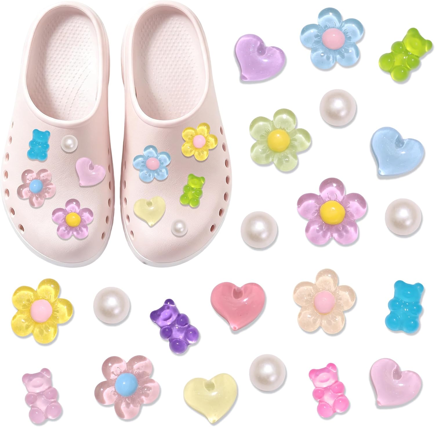 BELICEY Colorful Shoes Charms Summer Daisy Flower Heart Charms for Clog Sandals Accessories Cute Bear Pearls DIY Shoes Decoration Charms for Women Girls
