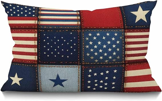 Smooffly American Flag Patchwork Farmhouse Pillow Cover with Stripe and Star Decorations Cushion Case for Sofa Couch Cotton Linen 12x20 Inches