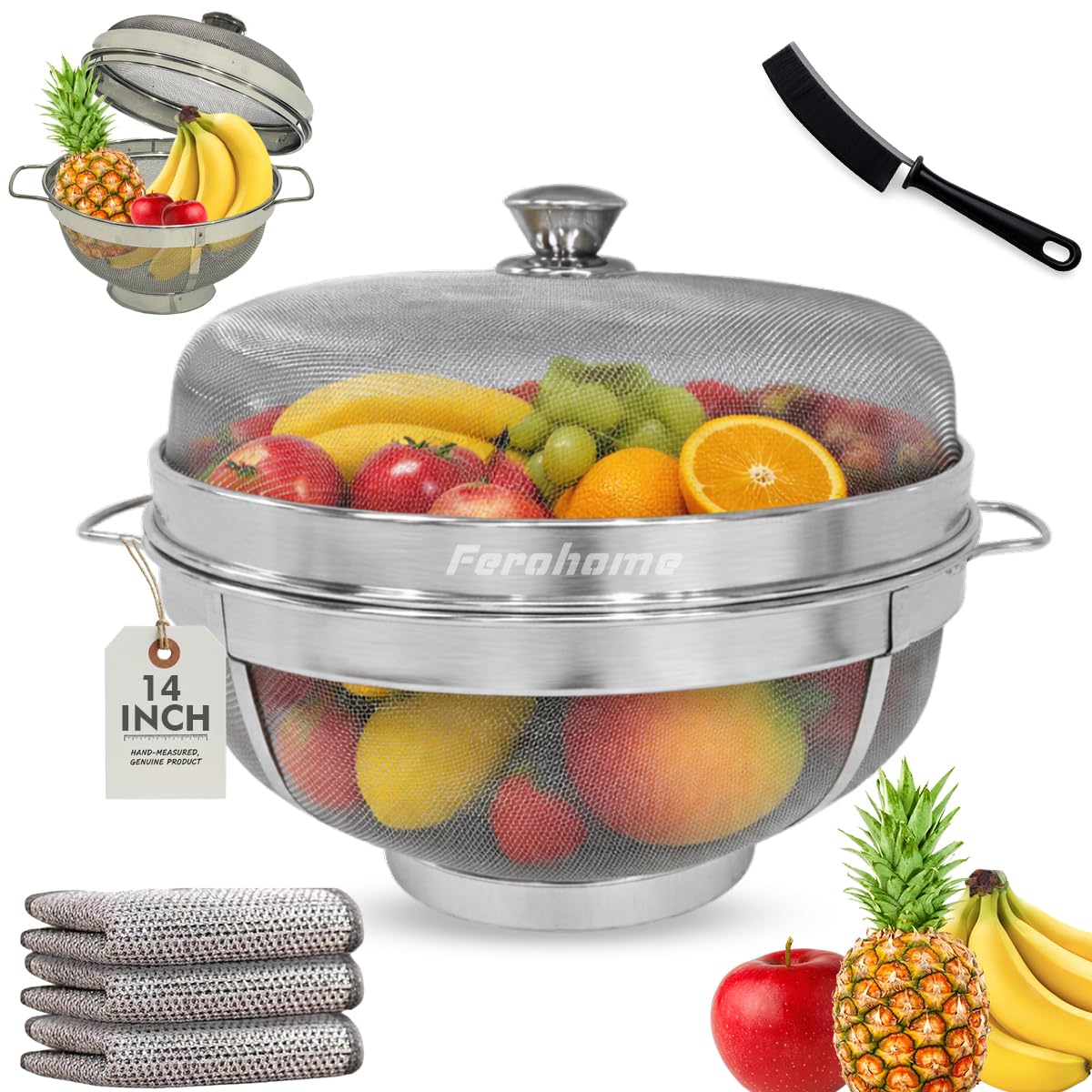 FEROHOME 14 Inch 304 Stainless Steel Fruit Basket with Lid|Includes Free Cleaning Brush and Multi Fiber Cloth|Fruit Storage Organizer for Kitchen & Dining|Fruit Bowls for Fruits,Vegetables,Bread (XXL)