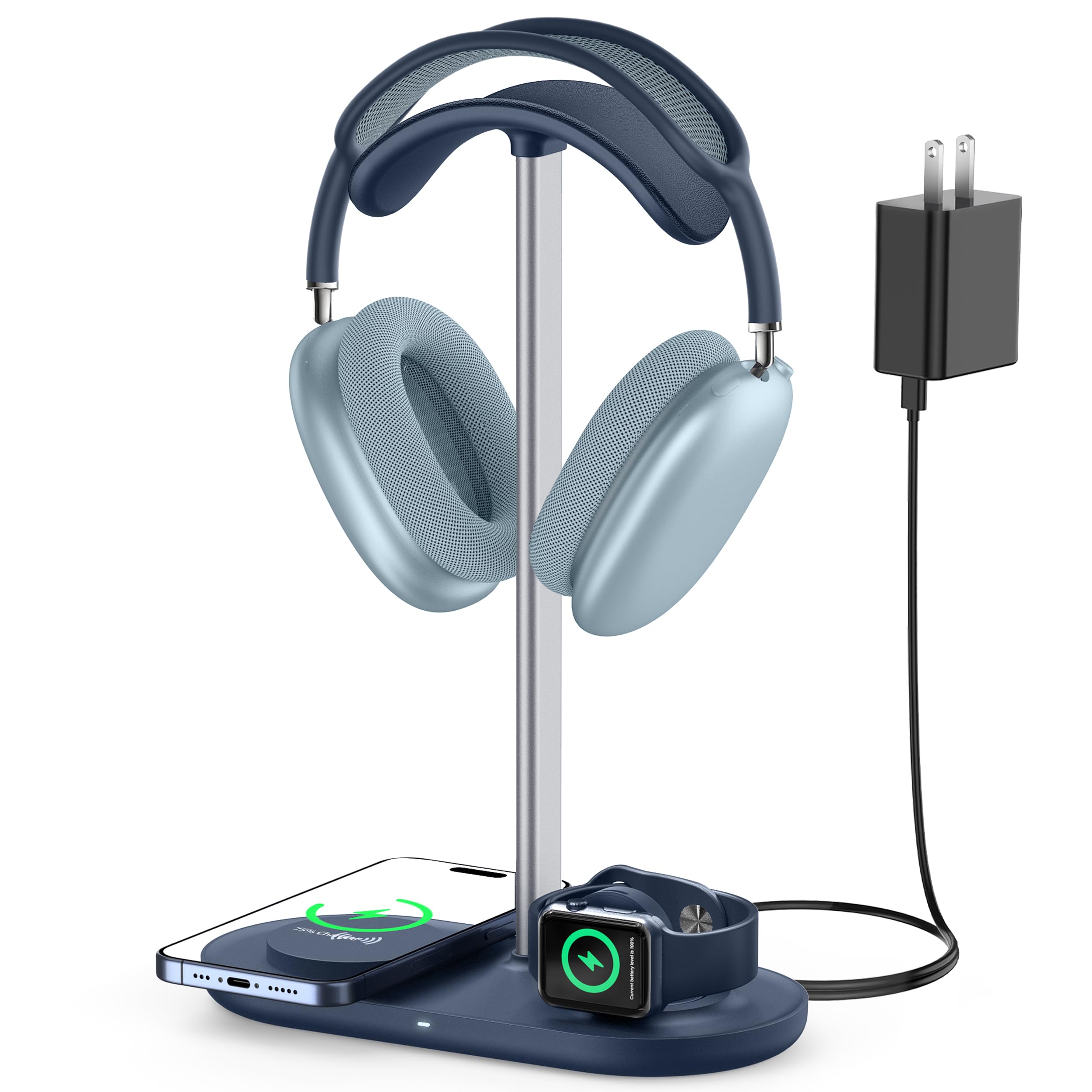 HiWe Soporte para auriculares 3 en 1, soporte universal para auriculares de escritorio con cargador inalámbrico para teléfonos/AirPods/iWatch, varilla de aleación de aluminio, almohadilla de cuero