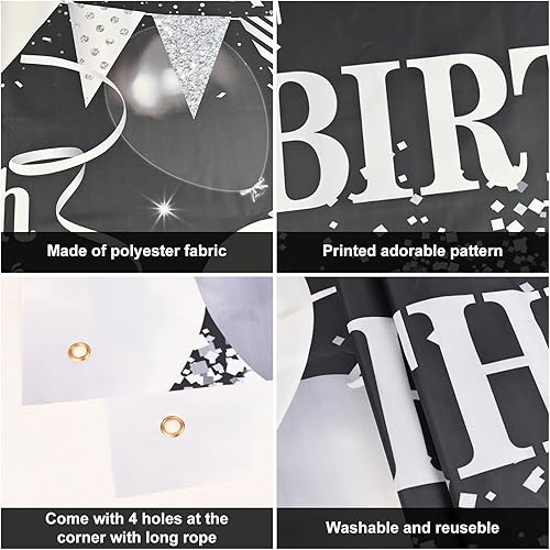 Miniatura 3 de Telón de fondo de pancarta de cumpleaños 50, decoraciones de BTZO Happy 50, telón de fondo de tela negra y plateada para hombres y mujeres, fiesta