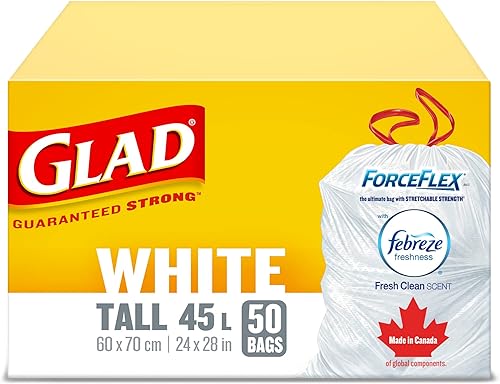 Glad White Garbage Bags - Tall 45 Litres - ForceFlex, Drawstring, with Febreze Fresh Clean Scent, 50 Trash Bags, Made in Canada of Global Components