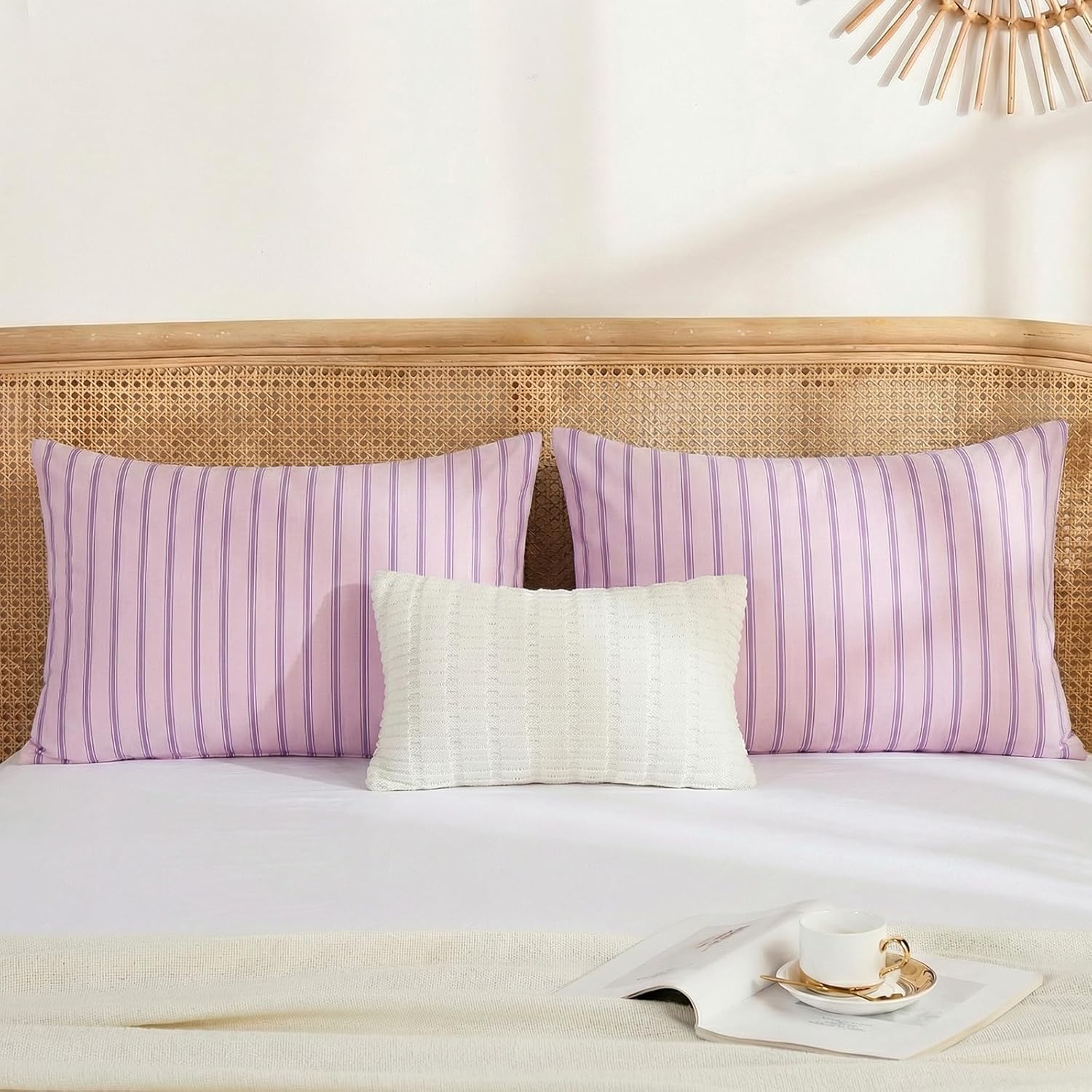Merryword 100% Cotton Pillow Cases, Queen Size Pillowcases, Pink & Purple Striped Pillowcases, Luxury Linen Like Pillowcase, Soft Breathable Engineered Stripes Pillow Covers, Set of 2