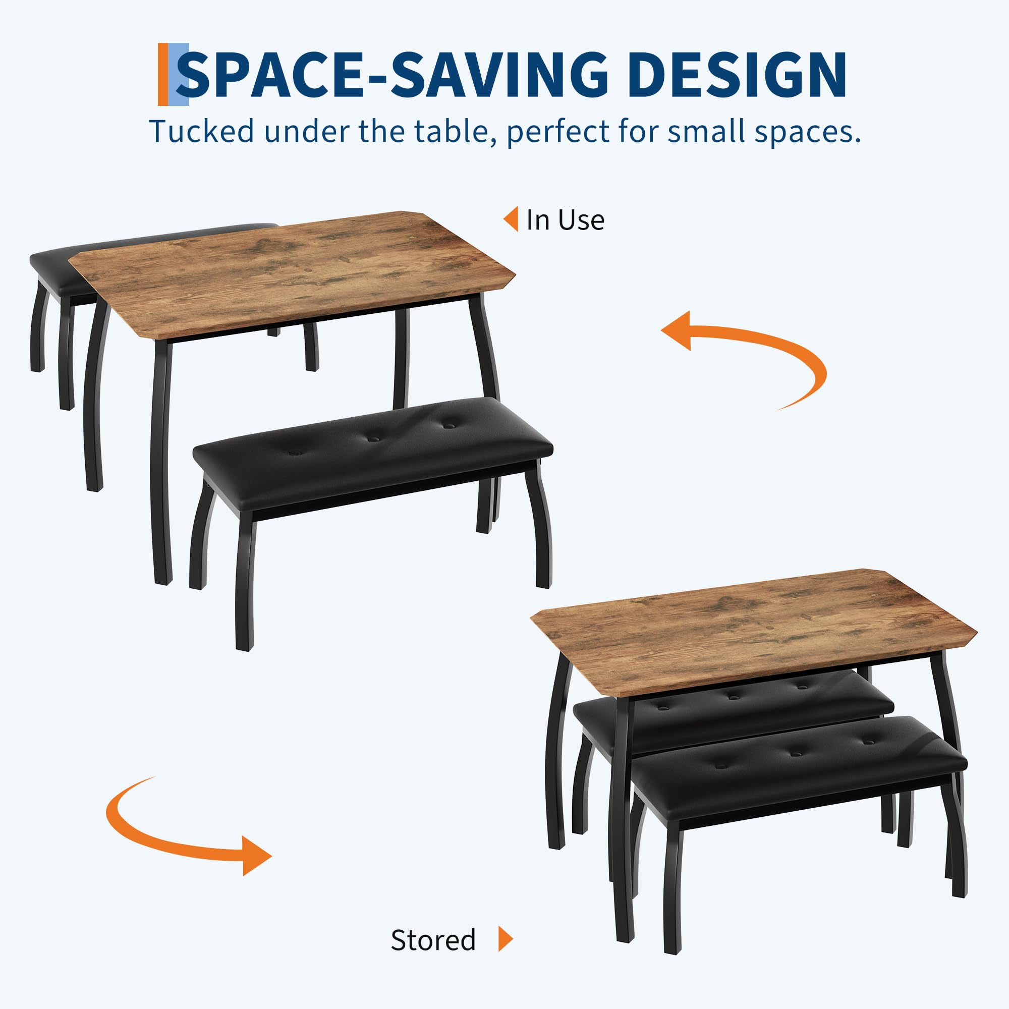 Set di 3 pezzi con tavolo da pranzo salvaspazio per 4 persone, con panca imbottita, moderno, rettangolare, in legno, tavolo e 2 comode panche in pelle PU, per sala da pranzo, cucina, bar, ristorante