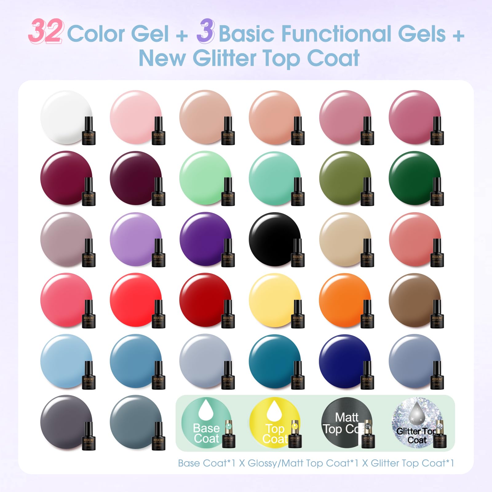 ROSALIND Vernis Semi Permanent, 36PCS Violet Bleu Marron Rose Vert Gris Couleurs Vernis Gel Semi Permanent, Mini UV/LED Semi-permanent Manucure Kit