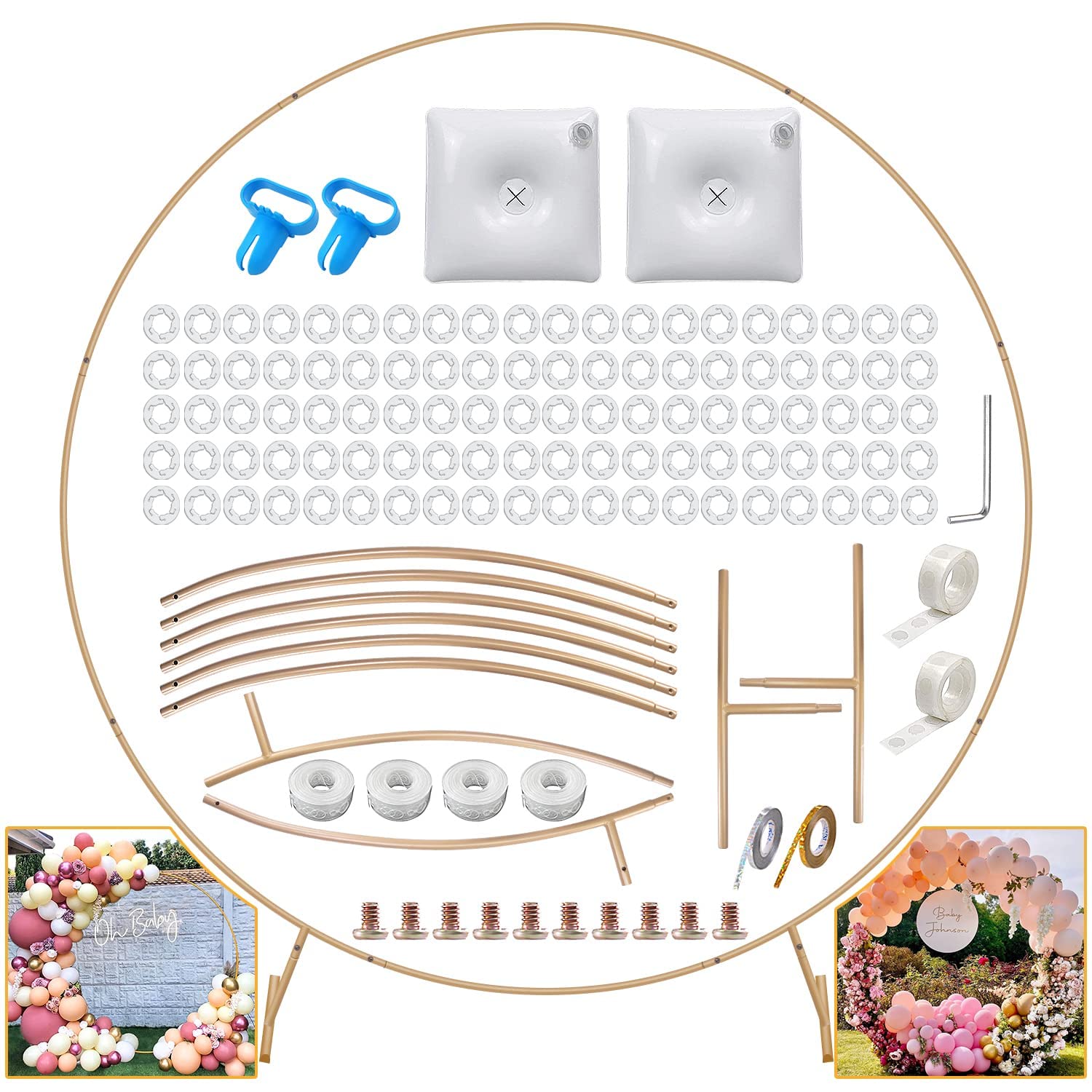 IDAODAN 7.2ft Metal Round Balloon Arch kit, Balloon Arch Frame, Golden Circle Balloon Flower Arch Stand Plants Vines Climbing Frame Background Decoration for Wedding, Birthday, Baby Shower