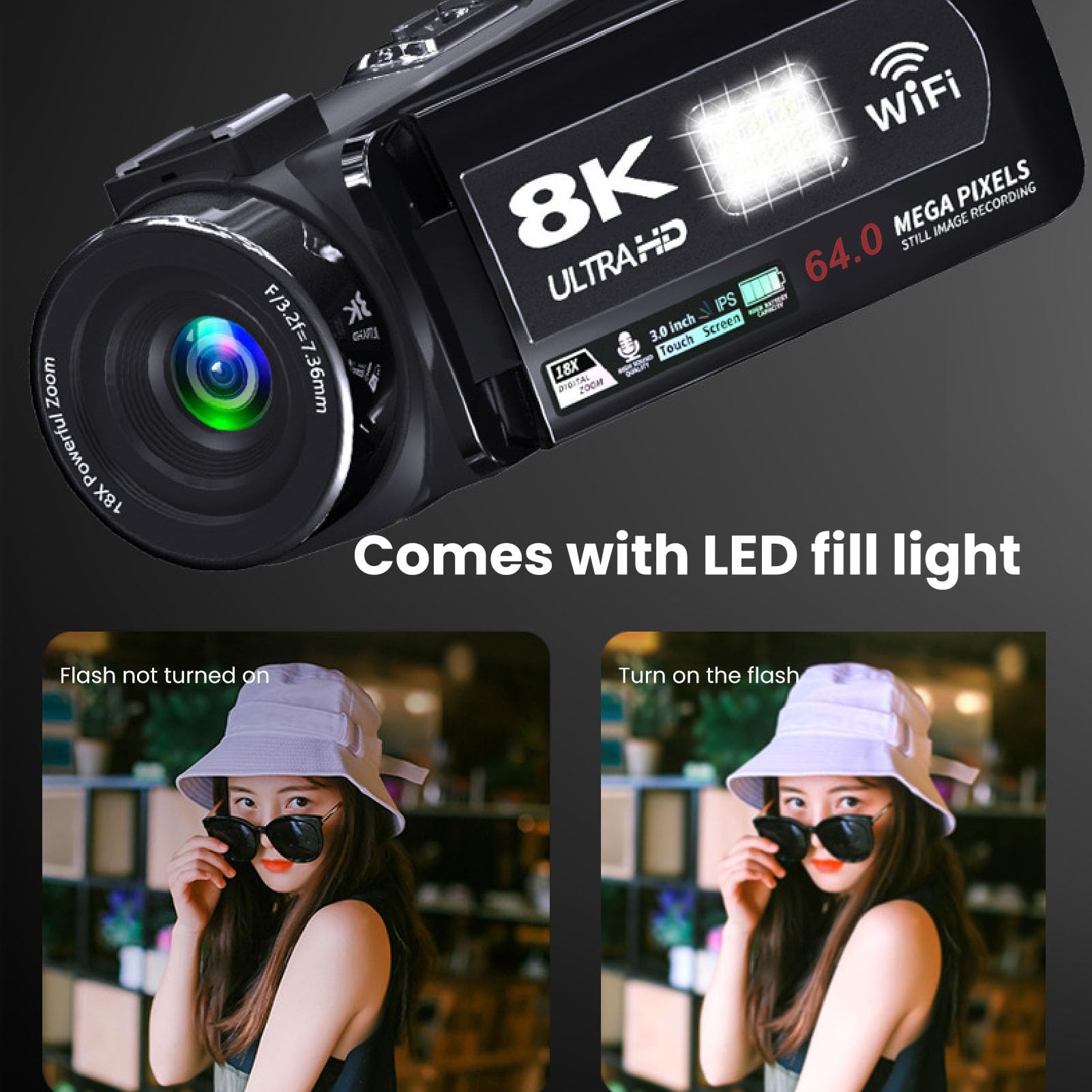 Videocamera 8K, Videocamera Touch Screen da 3 Pollici con Zoom Digitale 64MP 18X, Digitale con Webcam WiFi Luce LED per Viaggi in Streaming Live