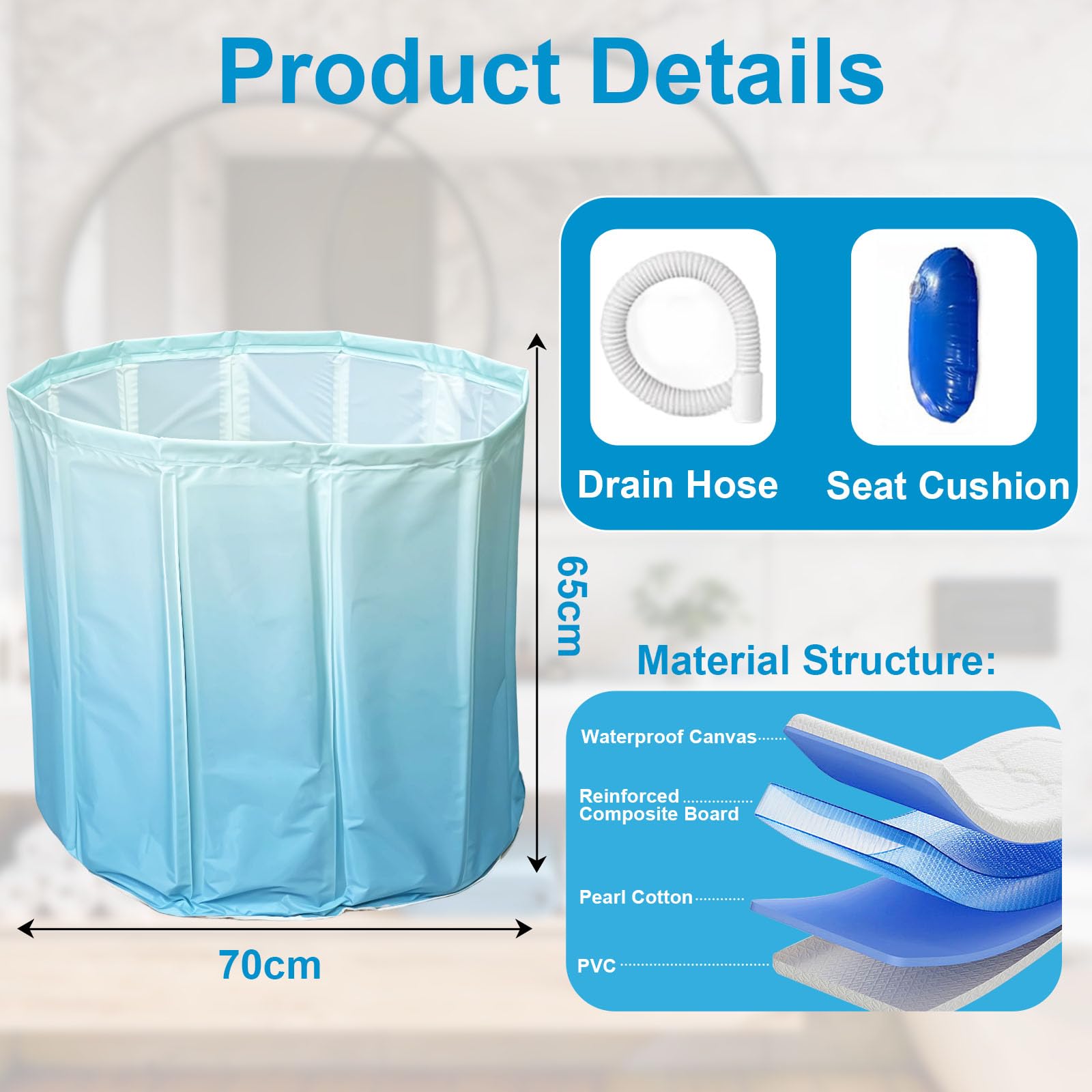 Vasca da Bagno Pieghevole 70×65 cm per Adulti – Vasca Portatile Profonda per Acqua Calda e Fredda con Tubo di Scarico e Cuscino Seduta, Vasca Pieghevole Salvaspazio