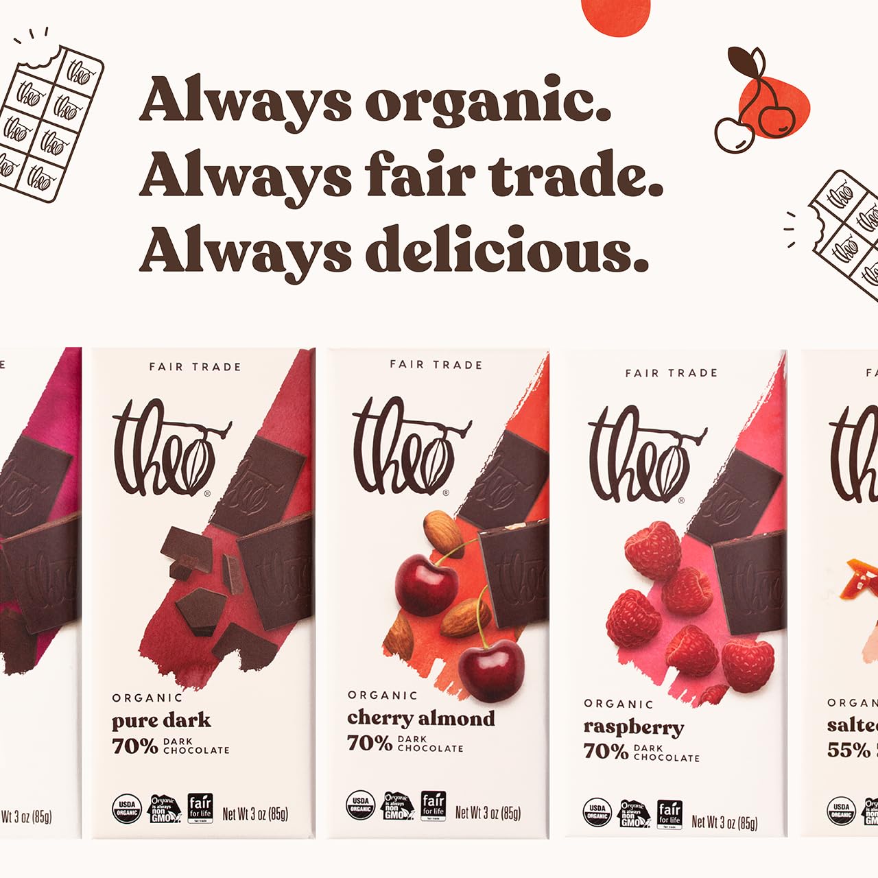 Theo Chocolate Cherry Almond Organic Dark Chocolate Bar, 70% Cacao, 12 Pack | Vegan, Fair Trade