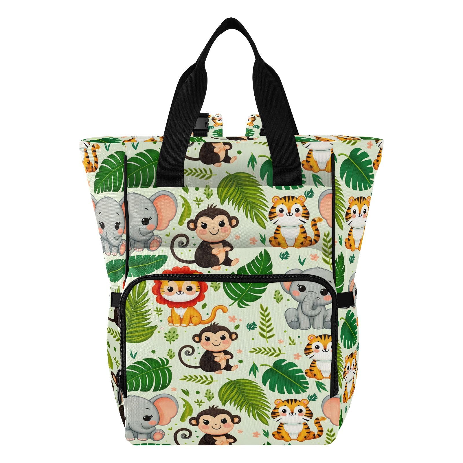 Mnsruu Simpatici animali della giungla con motivo a foglie di palma senza cuciture sfondo borsa per pannolini per bambini zaino grande borsa impermeabile da viaggio borse per pannolini per mamme e