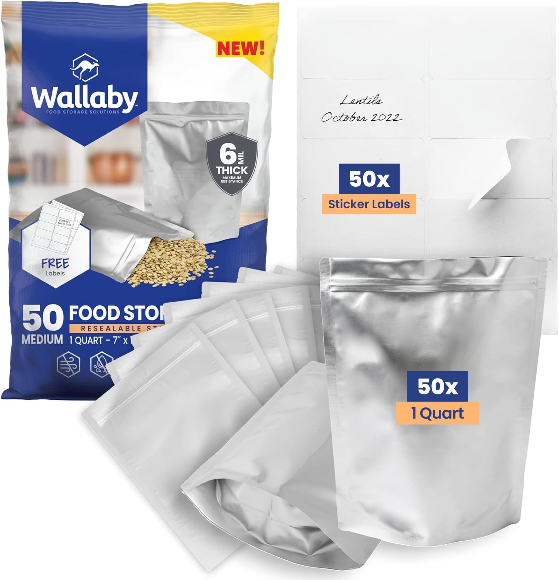 Wallaby 50x 1-Quart Gusset Mylar Bag Bundle - (6 Mil - 7" x 10") Stand-Up Zipper Pouches + 50x Labels - Heat Sealable, Food Safe, & Reliable Long Term-Food Storage Solutions - Silver