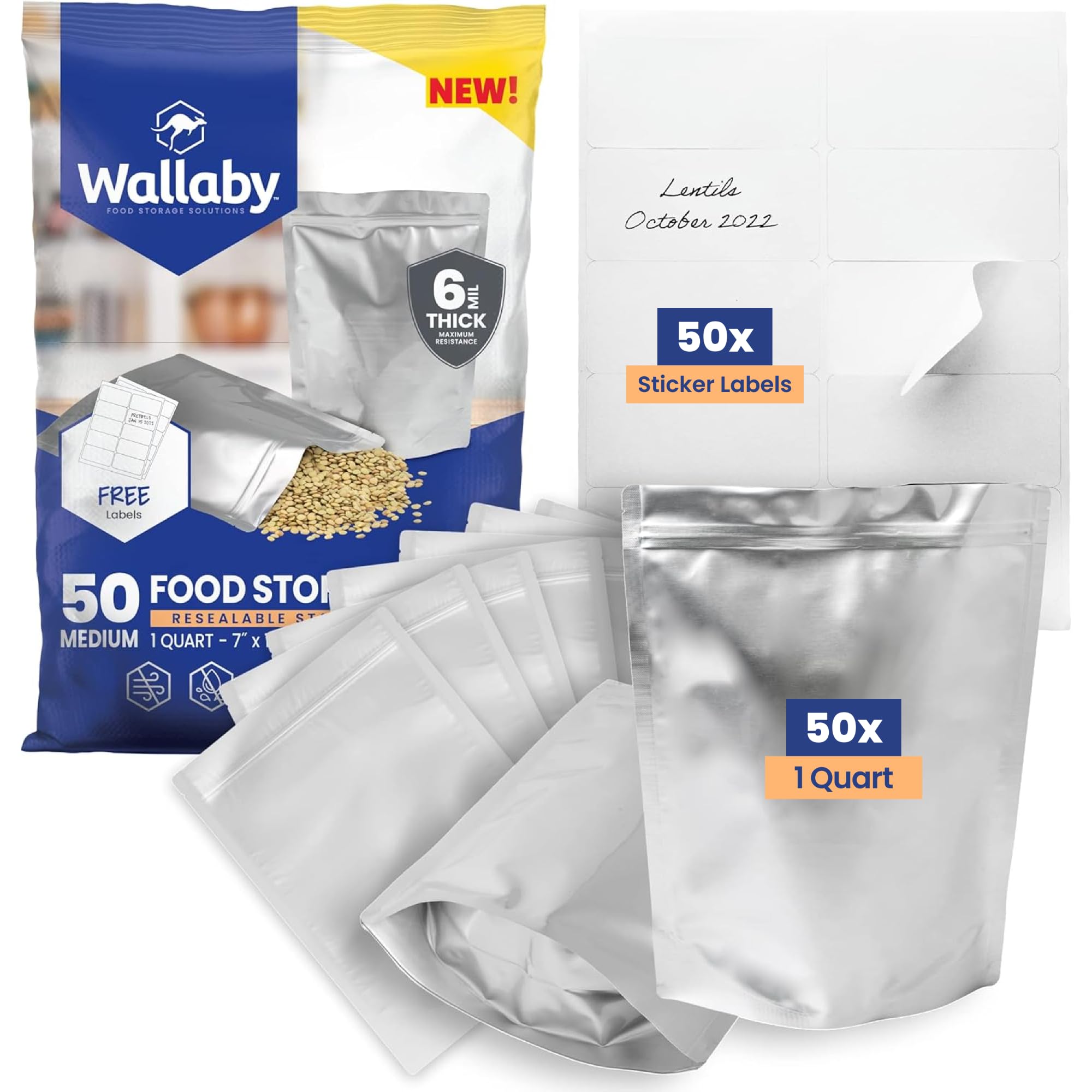 Wallaby 50x 1-Quart Gusset Mylar Bag Bundle - (6 Mil - 7" x 10") Stand-Up Zipper Pouches + 50x Labels - Heat Sealable, Food Safe, & Reliable Long Term-Food Storage Solutions - Silver