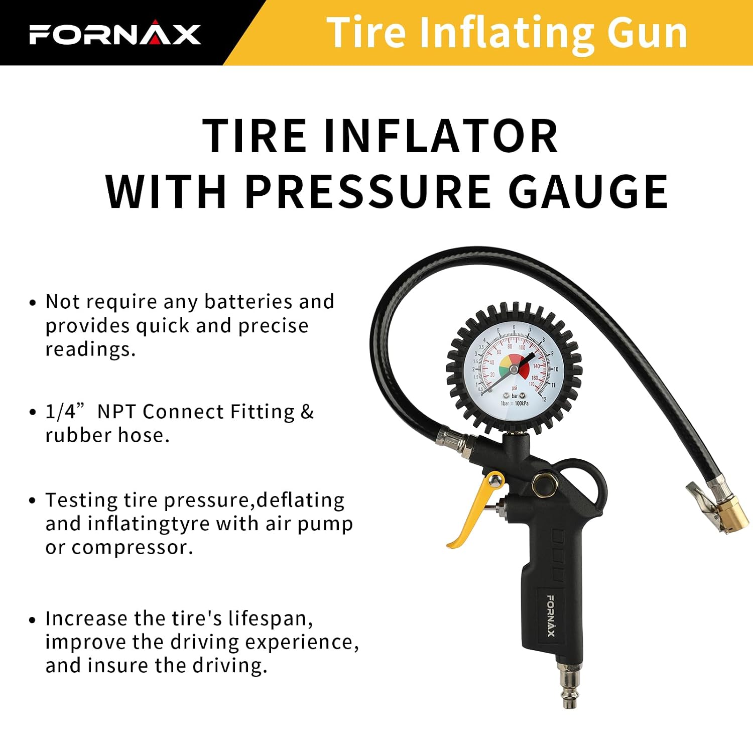 FORNAX Tire Inflator with 175 PSI Pressure Gauge for Testing Tire Pressure
