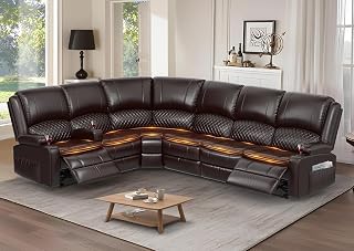 Manual Reclining Sectional Sofa Set, 6 Seats Soft Leather Recliner Corner Sectional Couch, Family-Sized L-Shaped Recliner Couch with USB Charging, Thickened Padding, Sturdy Frame, Brown