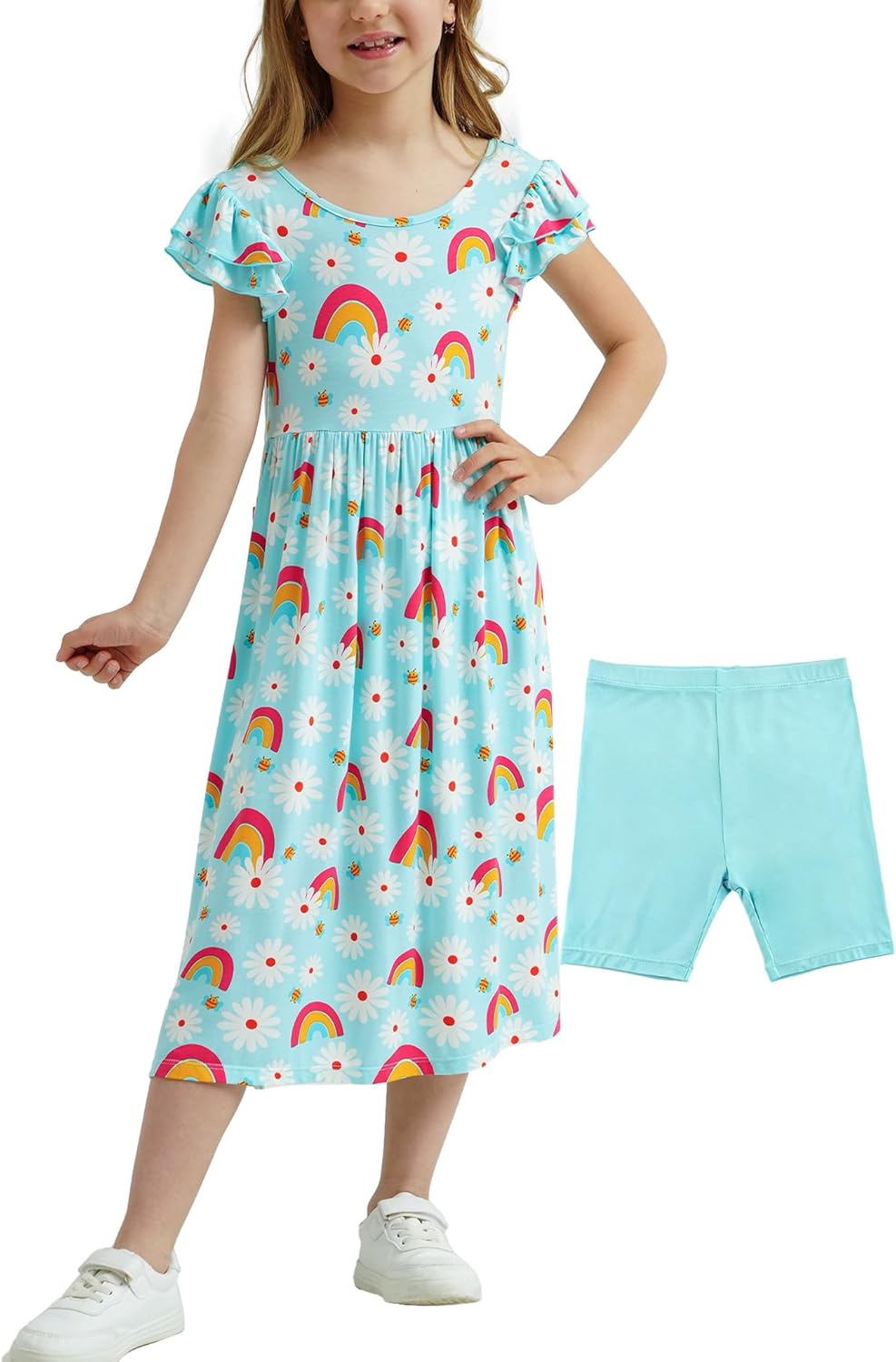 Bamboo Viscose Girls Summer Maxi Dress with Shorts Set 4-12 Years, Casual Flutter Sleeve Floral Long Dresses for Kids