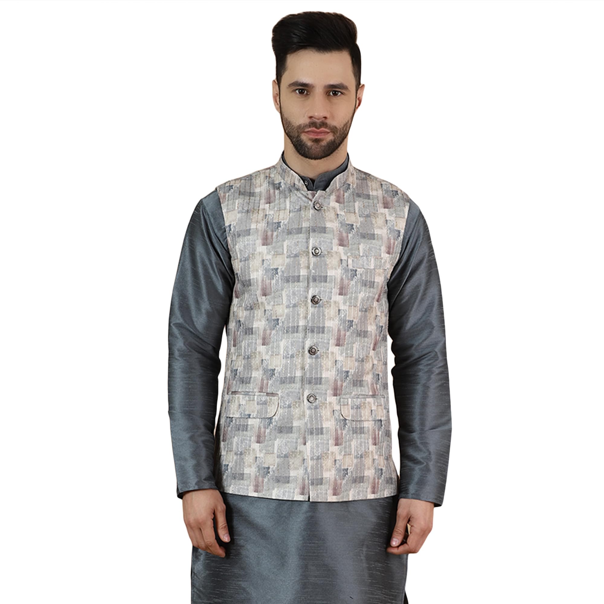 wintage Men's Digital Print Cotton Silk Grey Modi Nehru Jacket-picture-39