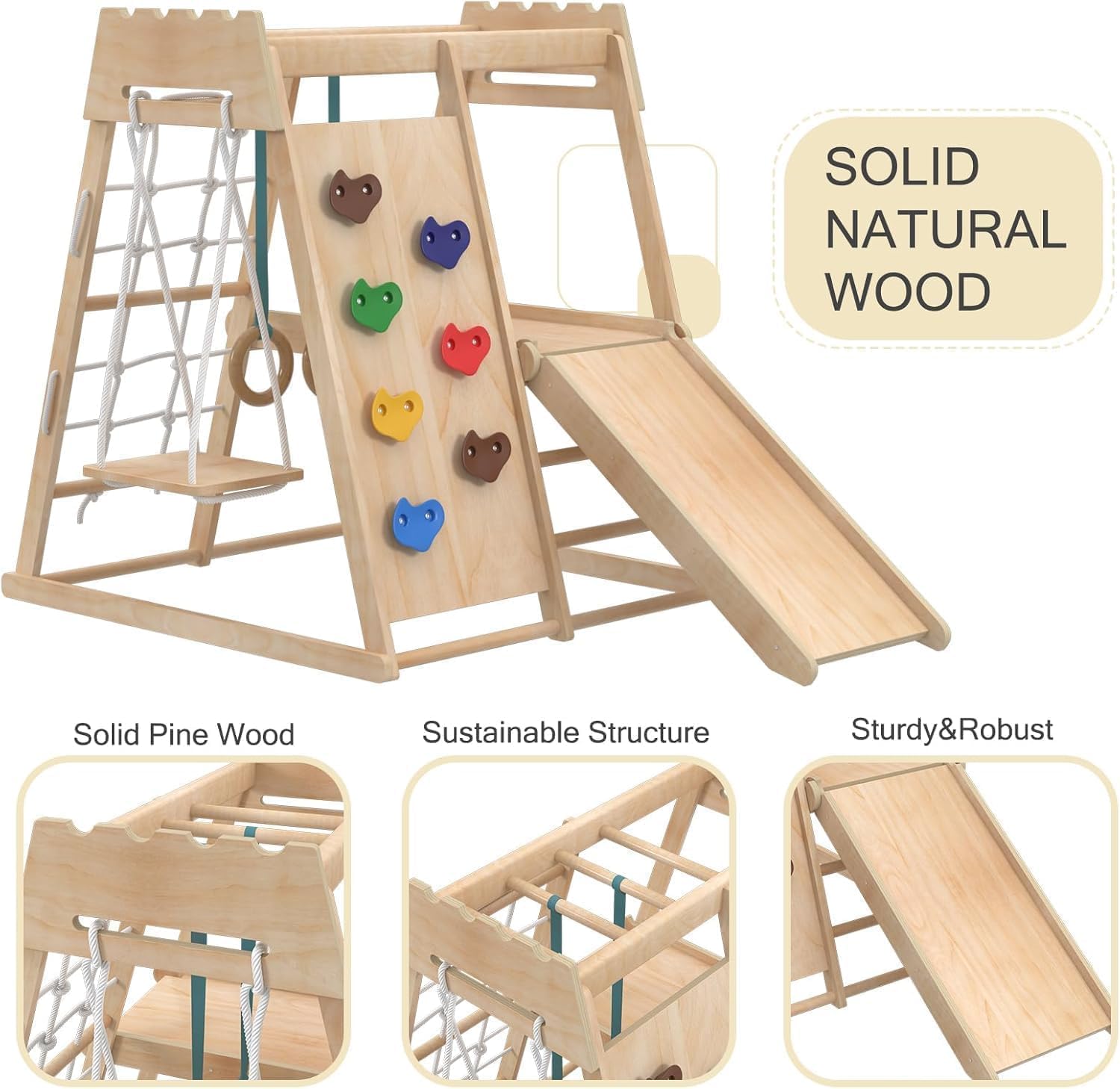 8-in-1 Indoor Playground, Indoor Jungle Gym for Toddlers, Kids Climbing Toys Indoor, Wooden Montessori Climber Playset with Swing, Slide, Monkey Bar, Wood Ladder, Climbing Net,Gymnastic Rings