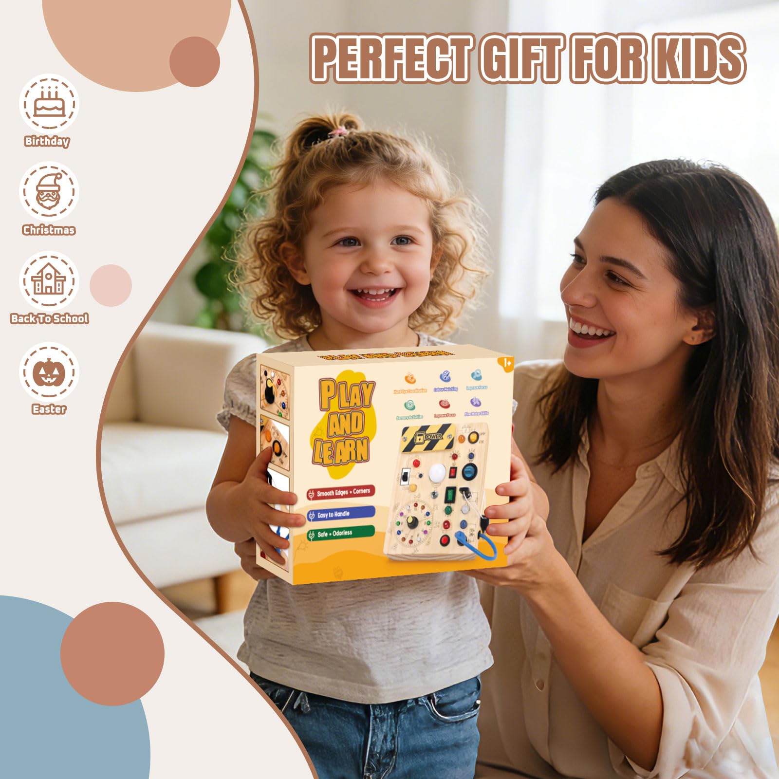 Busy Board Montessori Giocattolo a partire da 1 Anno in Legno Giocattolo Motorico Activity Board Sensoriale Giocattolo Educativo con 10 Interruttori e 23 Luci LED per Bambini Piccoli Regalo per