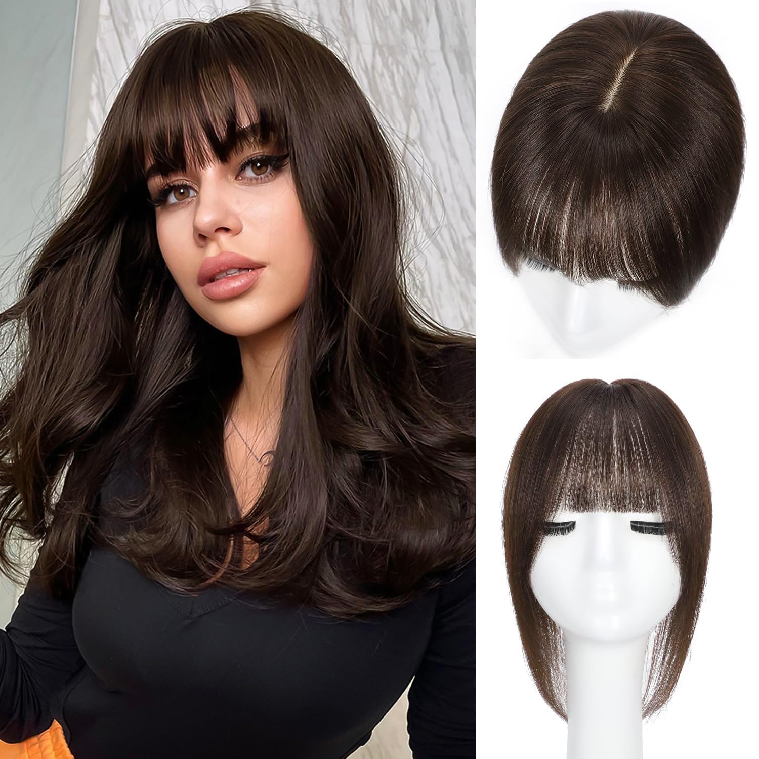 12 Inch Human Hair Topper with 3D Bangs for Thinning Hair Invisible 12-inch Human Hair Topper with 3D Air Bangs - Dark  main image 3