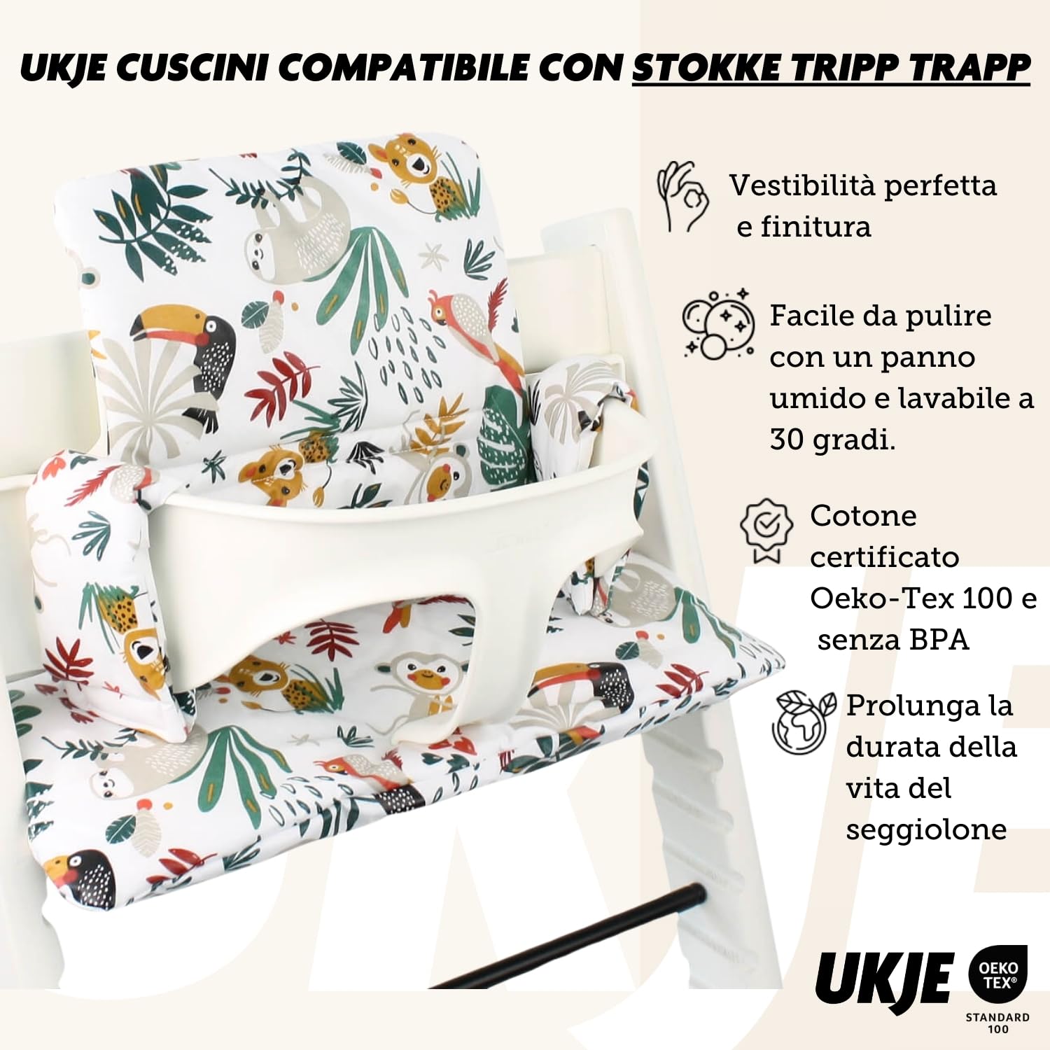 UKJE Cuscino compatibile con Tripp Trapp, Morbido cuscino imbottito per neonati e bambini, inserto in cotone, facile da installare, universale per tutti i modelli, lavabile e confortevole, Wit Aap - 4