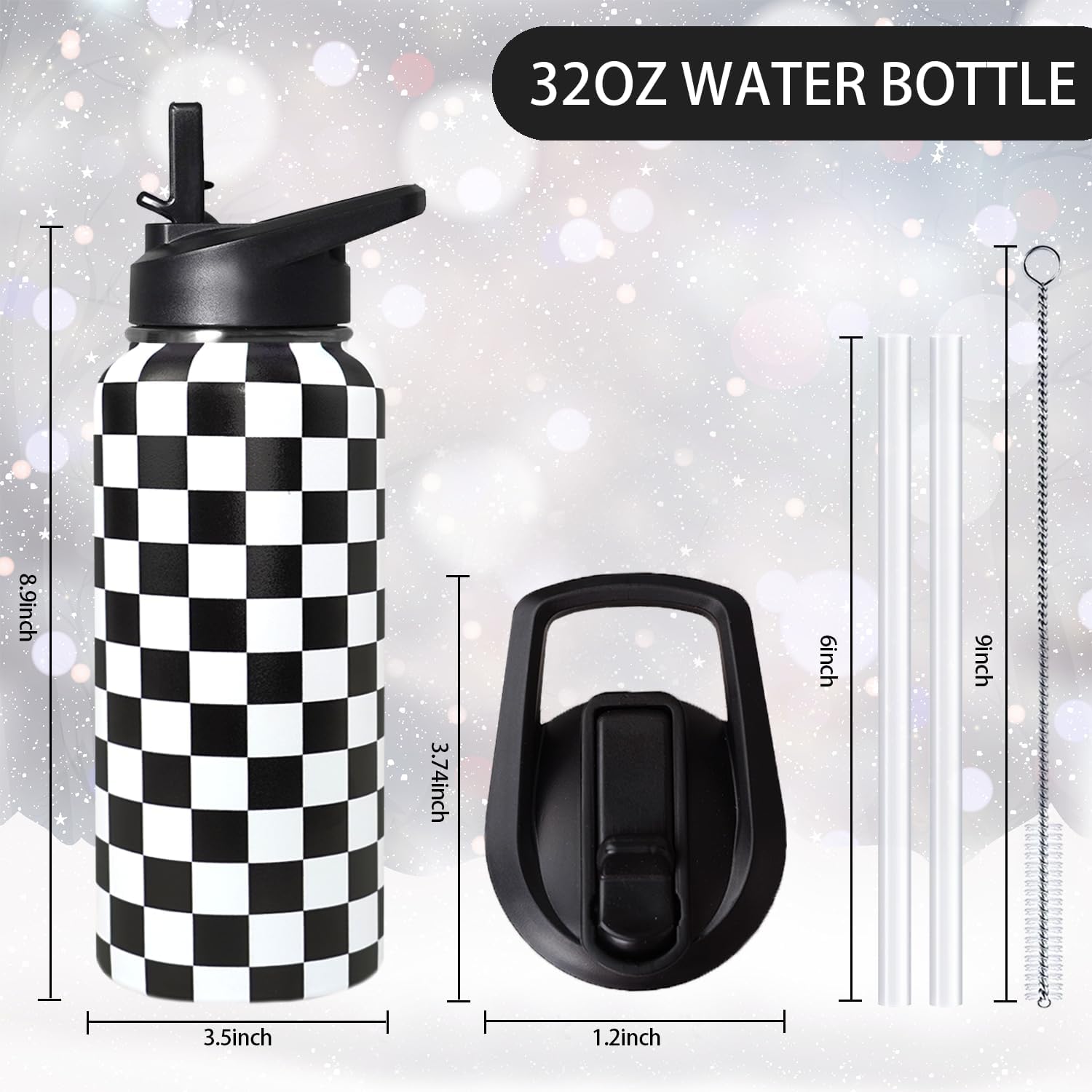 32oz Checkered Stainless Insulated Aater Water Bottle with Straw,Checkered Gym Hiking Sports Coffee Mug Cup Water Bottles,Checkered Gifts for Women,Checkered Decor Stuff Accessories - Image 2