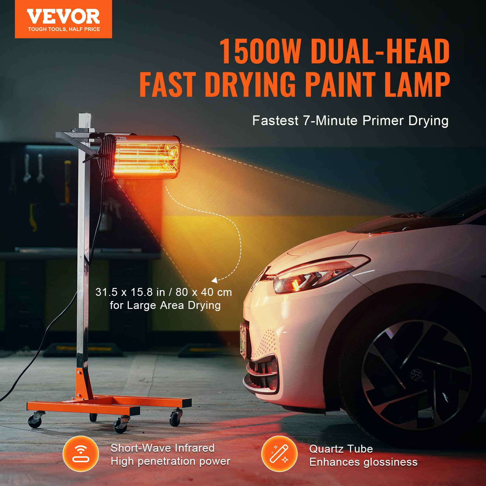 VEVOR Infrarot-Härtungslampe, 1500 W, 1–60 Min. Zeiteinstellung, Auto-Härtungslampe mit automatischer Heizung und Halterung, 31,8 m² große Backfläche, Sprüh-Backkabinenheizungen, Lacktrockner