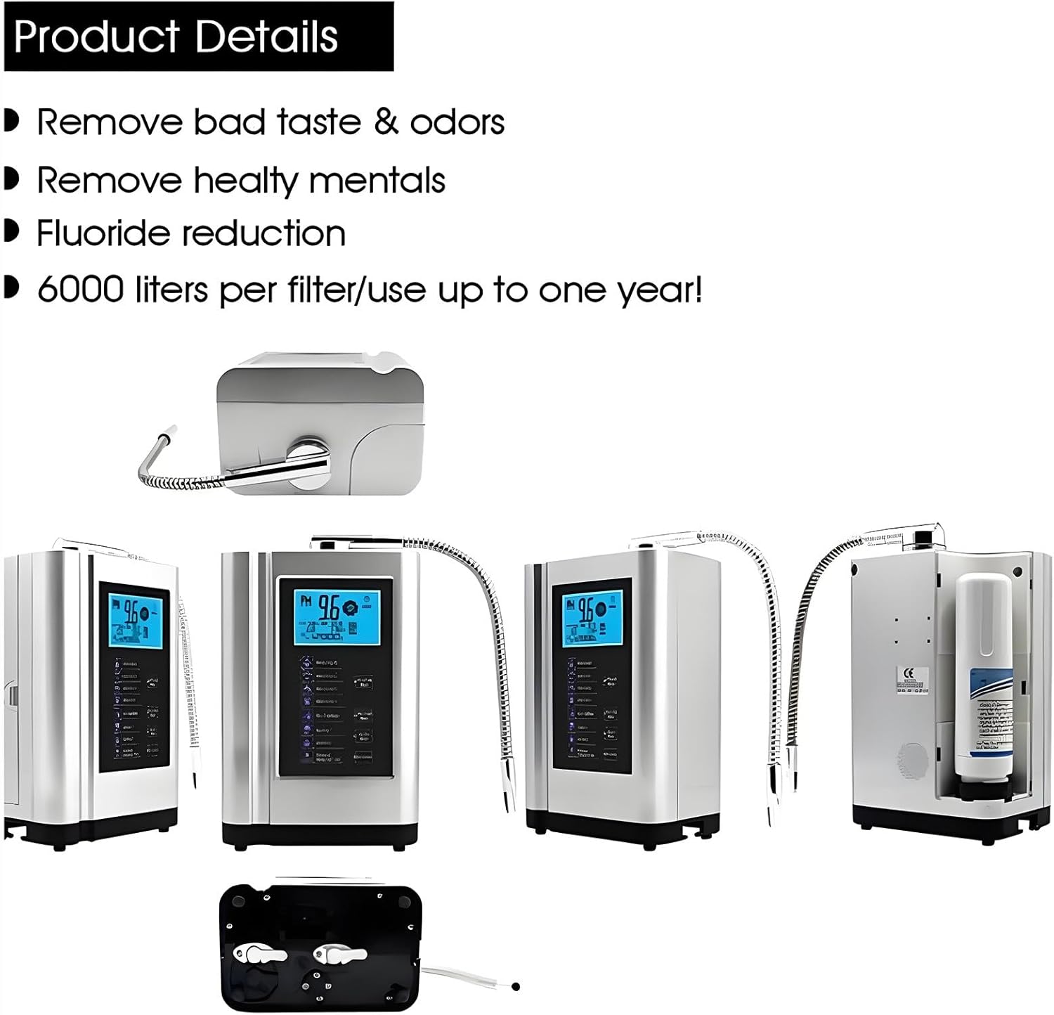 Alkaline Water Ionizer Machine, Up to -500mV ORP, Acidic Alkaline Water PH3.5-10.5, 8000 Liters Per Filter,Intelligent Voice, LCD Touch Water Filter Silver