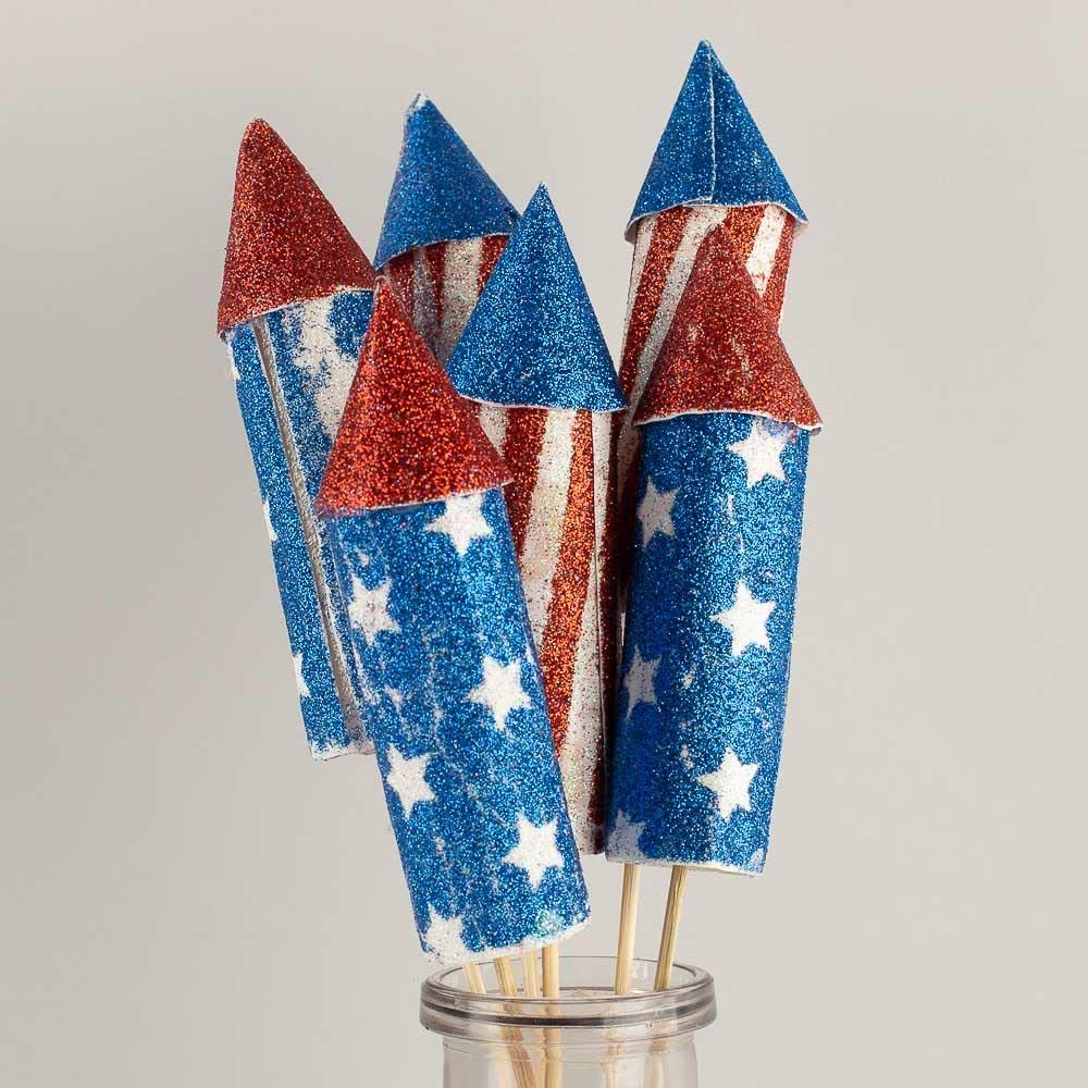 Group of 6 Americana Glittered Rocket Stems by Factory Direct Craft for 4th of July Decorating and Patriotic Displays