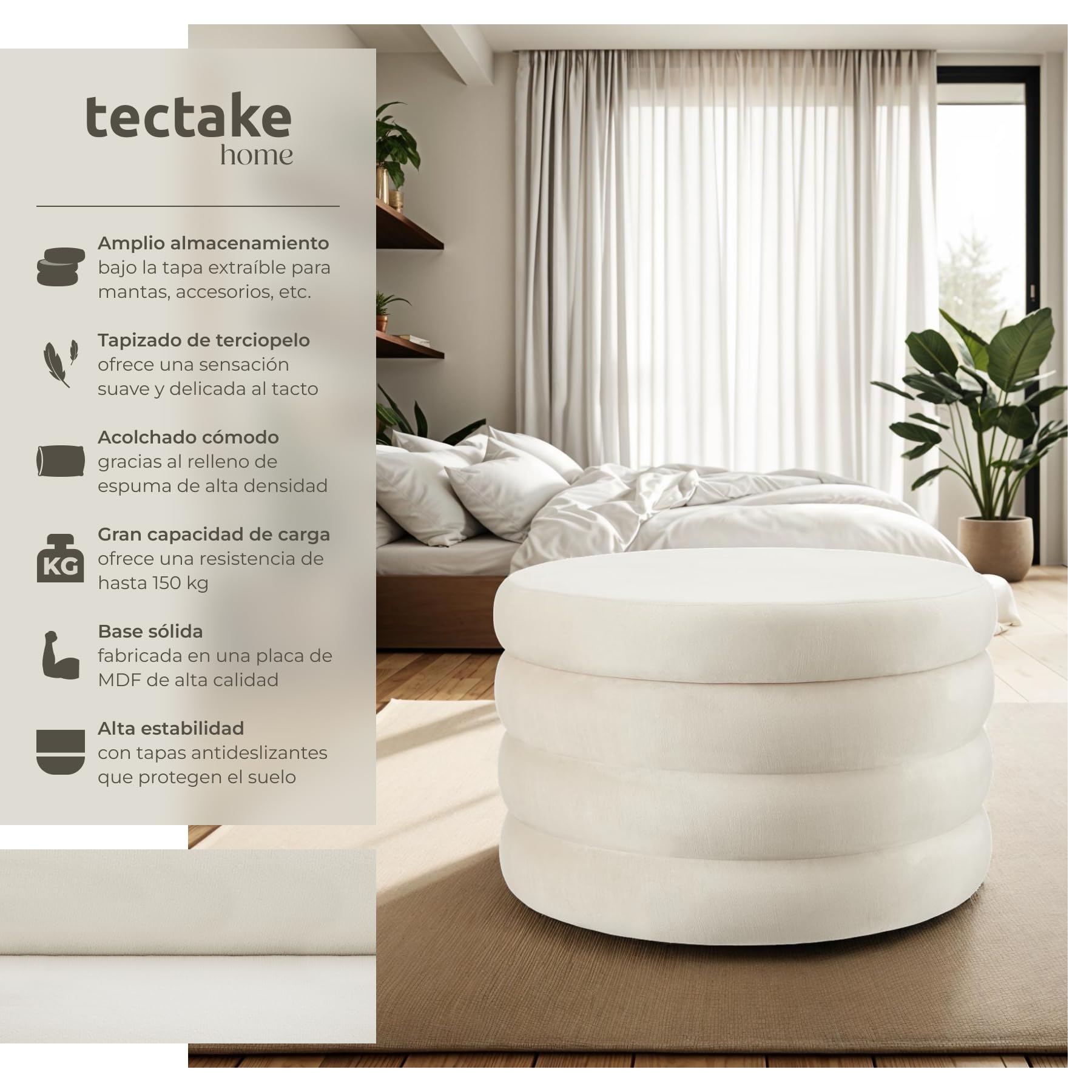tectake® Taburete Almacenaje Bouclé, Carga: 150 kg, MDF, Puff Almacenaje, Taburete Dormitorio, Reposapies Puff, Zapatero Entrada Recibidor, Asiento Acolchado, Ideal Salón - 67 x 42 cm Blanco/Crema