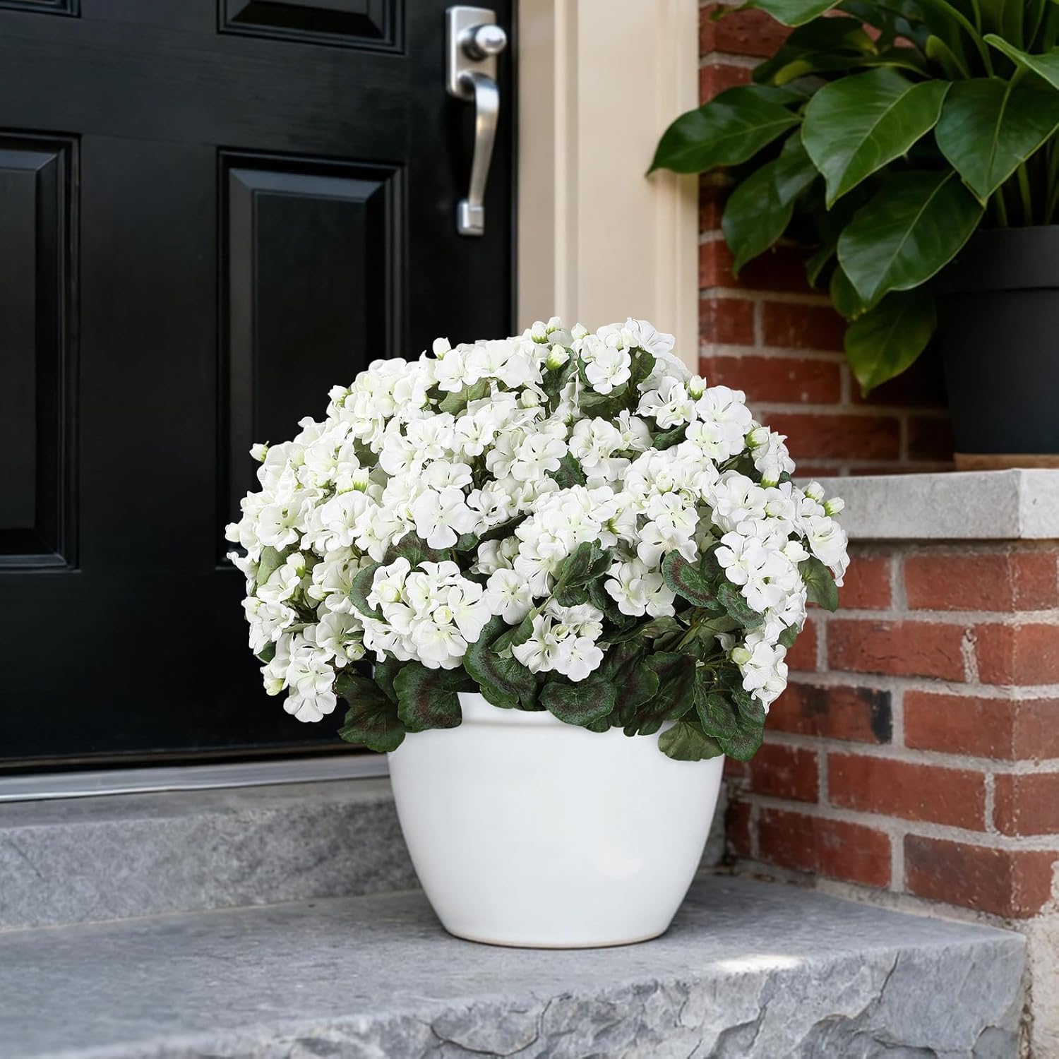 Coferset 30 Blooms White Geraniums Artificial Flowers for Outdoor, 6 Bundles Velvet Realistic Faux Geraniums for Garden Planters, UV Resistant Faux Flowers for Garden, Porch Decor(6, White)