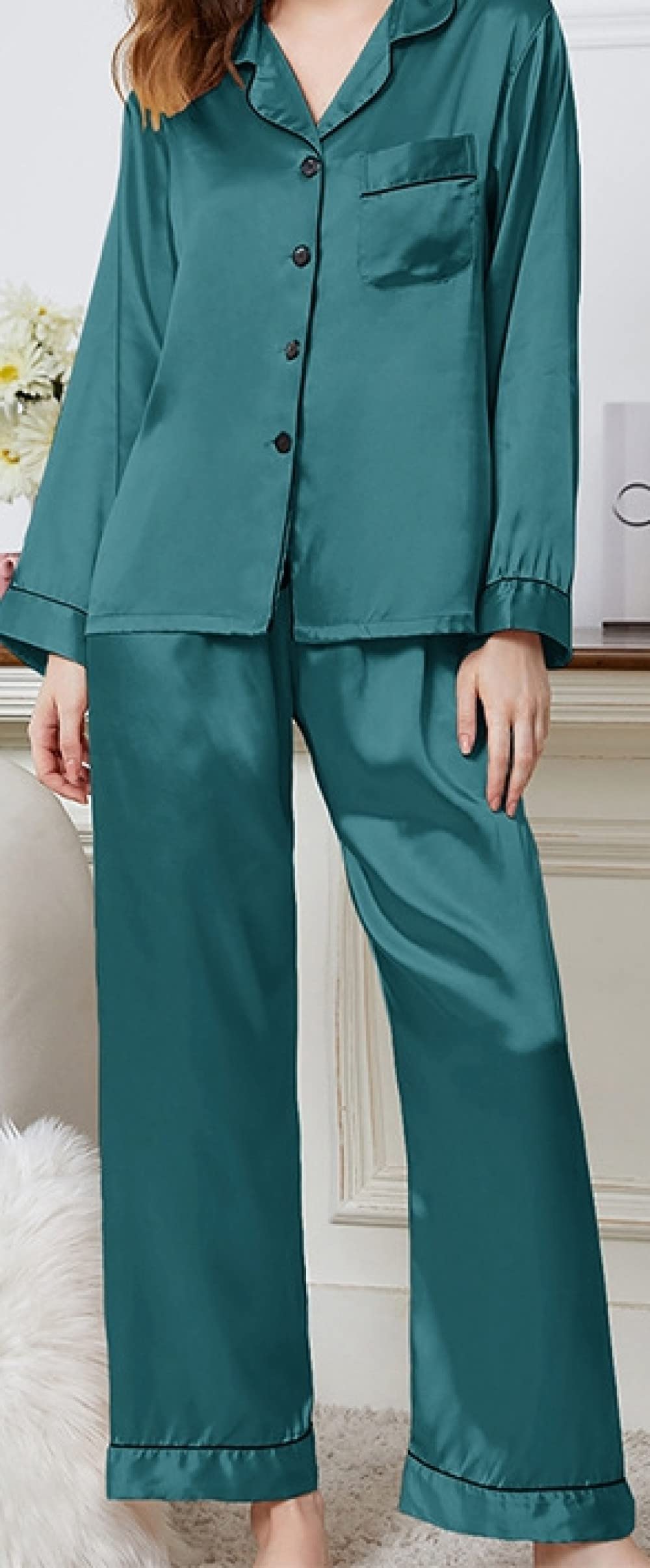Pijamas Para Mujer Solapa Verde Bolsillo Puños Sueltos Conjunto De Pijama De Poliéster Para Mujer Pijama De Manga Larga Suave Para Mujer Conjunto De Dos Piezas Regalo Del Festival Para Hermanas Es