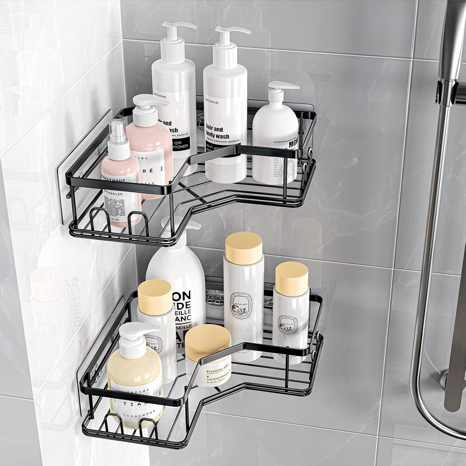 MAXIFFE Corner Shower Caddy, Shower Organizer Corner Shower Shelf with 8 Hooks,2-Pack Adhesive Stainless Steel Shower Shelves for Bathroom Storage (Matte Black) : Home & Kitchen