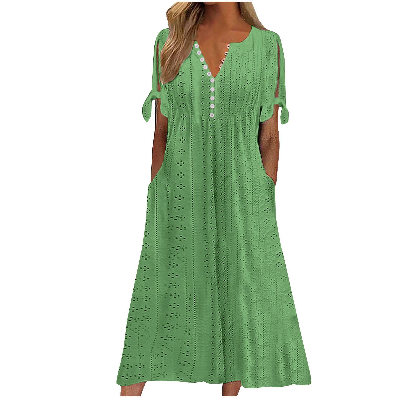 Generic Vestido de verano con cuello en V y botones, vestido largo de manga corta para mujer, color liso, casual, elegante, talla grande
