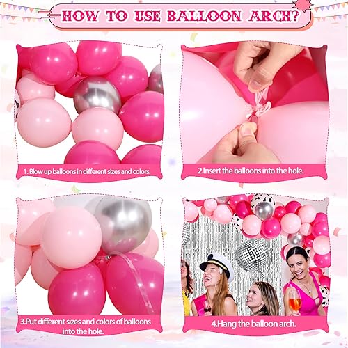 Miniatura 10 de Hydren 95 piezas de decoraciones de fiesta de discoteca occidental para mujer, color rosa intenso, rosa, rojo, plata, arco de globos de vaquera,