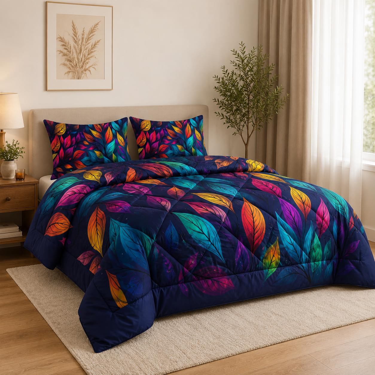 Bettdecke 135x200 4 Jahreszeiten, Bunt Blätter Steppdecke Leicht Microfaser Ganzjahresdecke Blatt Bettdecke Ohne Bezug Nutzbar Waschbar Schlafdecke mit 2 Kissenbezug 80x80cm