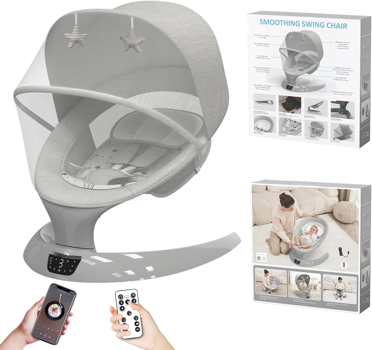 Baby Swings for Infants, Electric Baby Swing for Baby Boy Girl, Remote Portable Baby Bouncer and Rocker Indoor with Bluetooth, 5 Sway Speeds, 12 Music 5 Natural Sounds and 1 Seat Positions