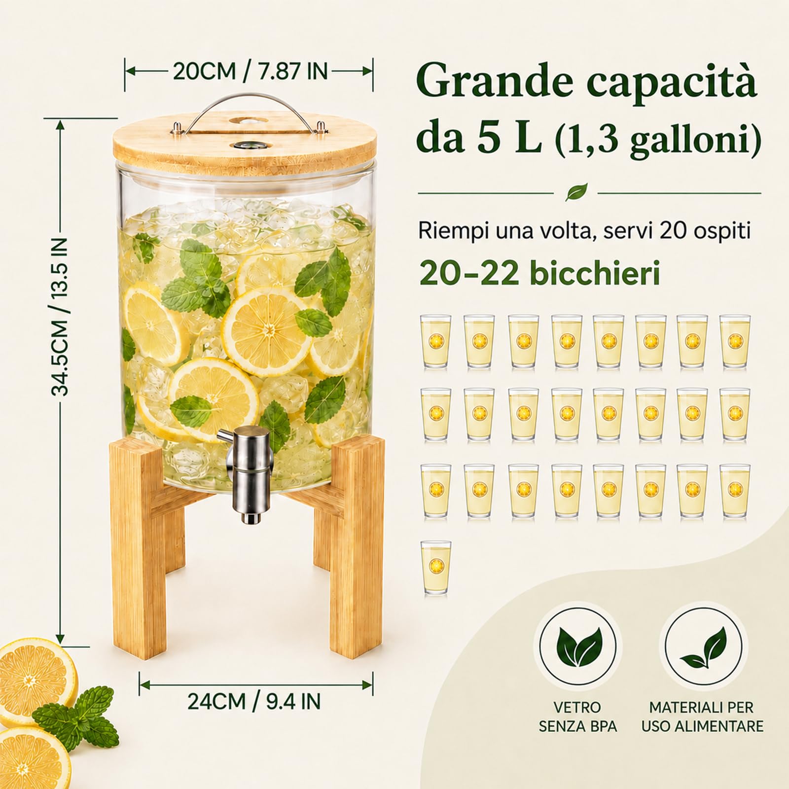 Dispenser di bevande in vetro da 5 l, contenitore per limonate con rubinetto in acciaio inox e supporto in bambù, senza BPA, ideale per feste di famiglia, feste di compleanno, campeggio all'aperto