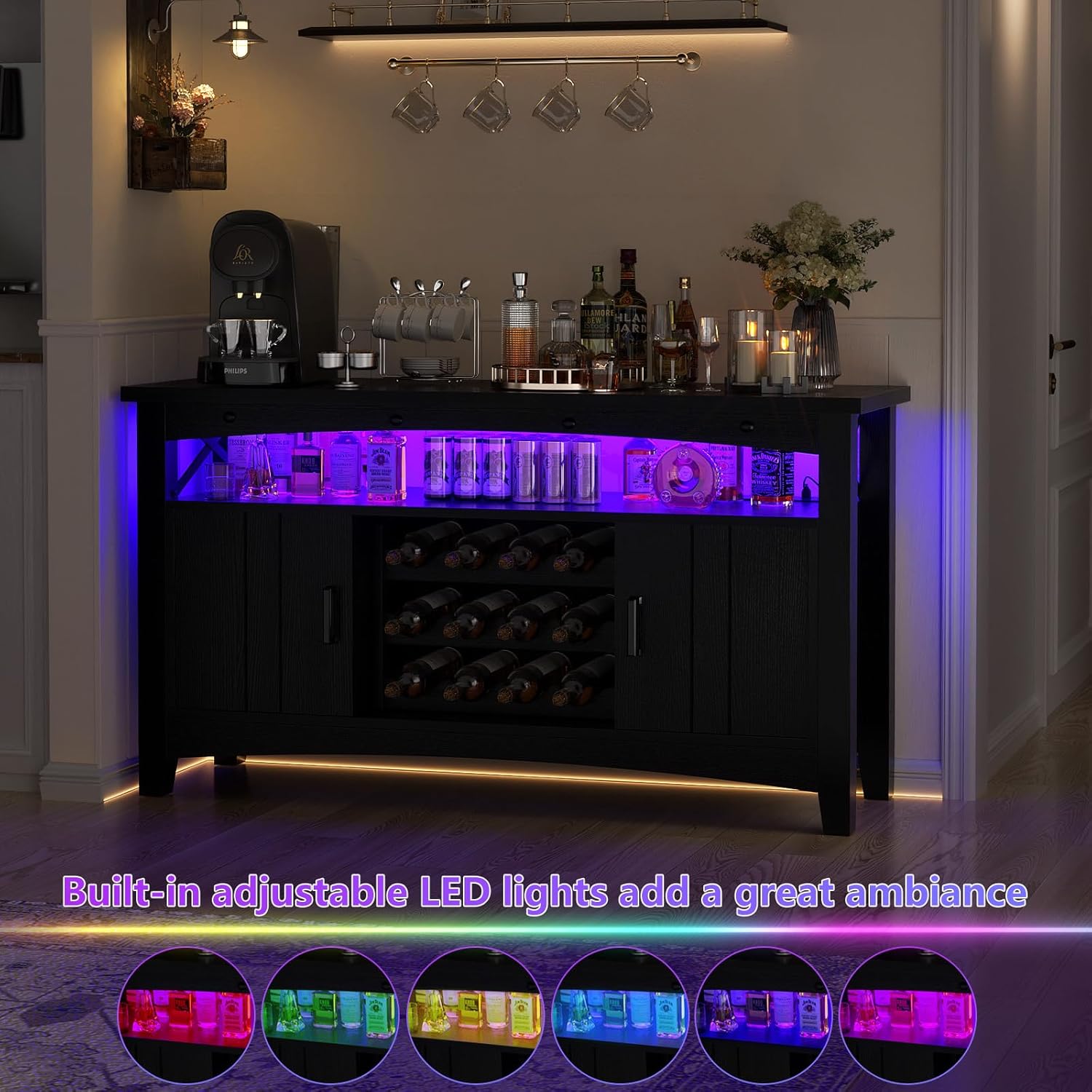 Armocity Farmhouse Coffee Bar Cabinet, Liquor Cabinet Bar for Home, Wine Bar Cabinet with LED Lights and Outlets, Wine Cabinetwith Storage and Movable Rack, 47.2", Black
